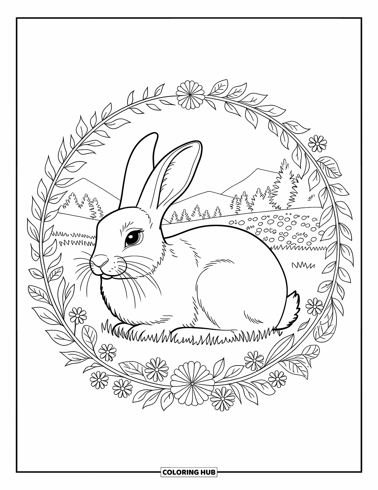 Desenho de coelho para colorir para adultos: Um coelho pacífico dorme em um campo cercado por um círculo floral