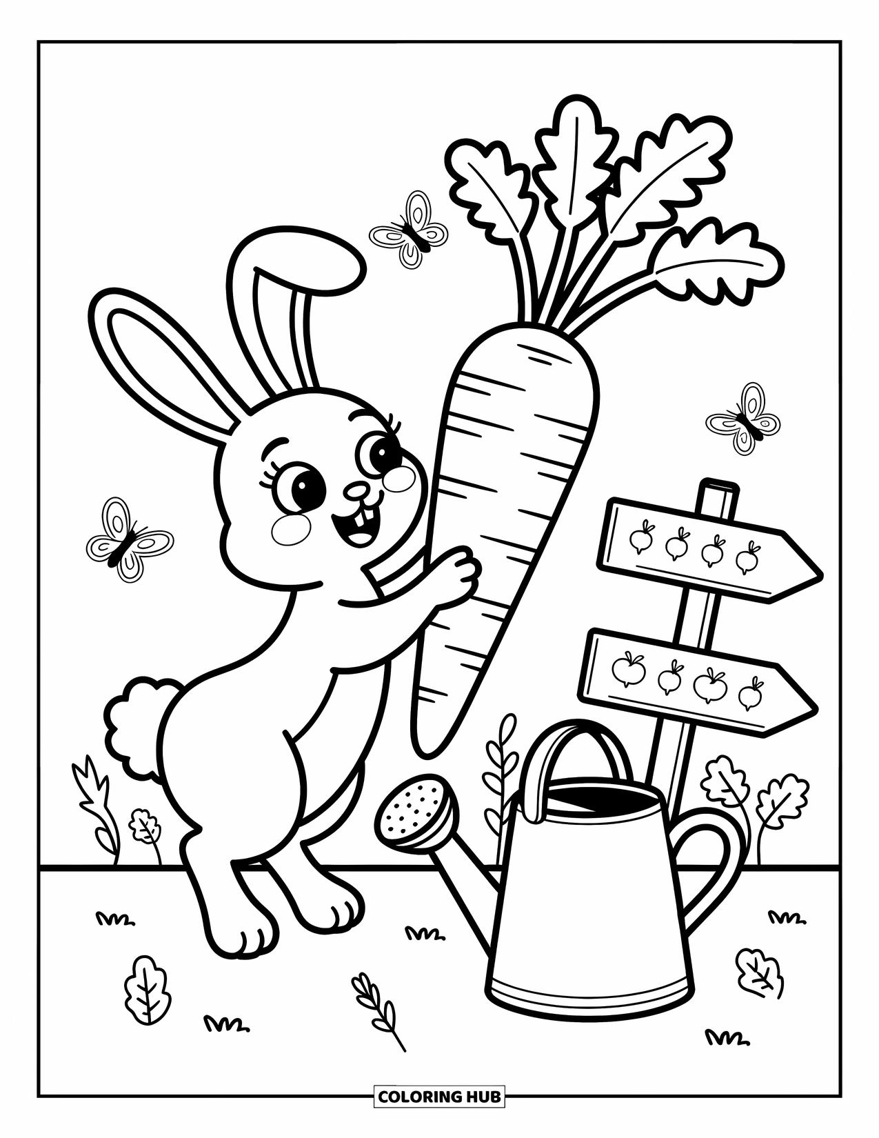 Desenho de coelho para colorir para adultos: Um coelho brincalhão alcança uma cenoura com borboletas e uma placa de jardim por perto