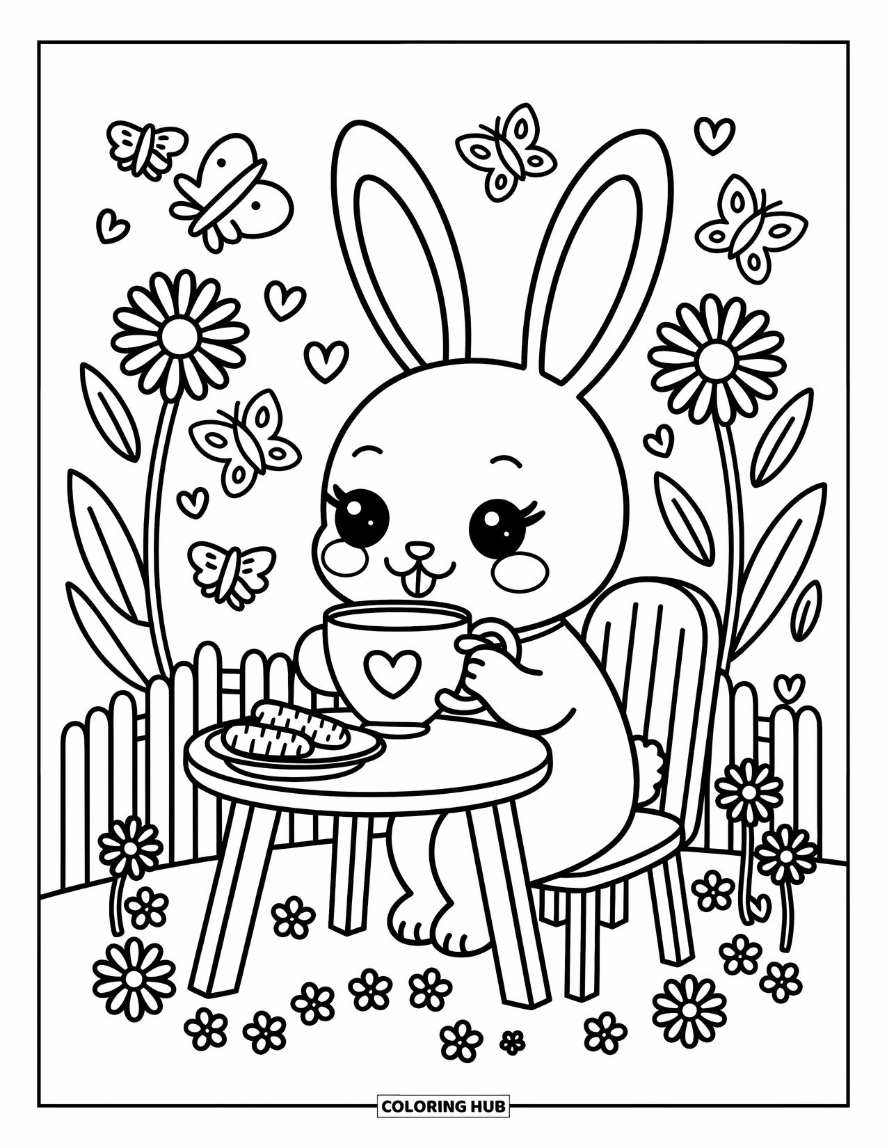 Desenho de coelho para colorir para adultos: Um coelho toma chá com canecas em forma de coração e biscoitos em um jardim aconchegante