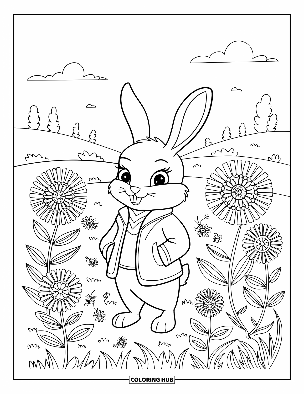 Desenho de coelho para colorir para adultos: Um coelho de cachecol fica em um prado de flores silvestres e colinas