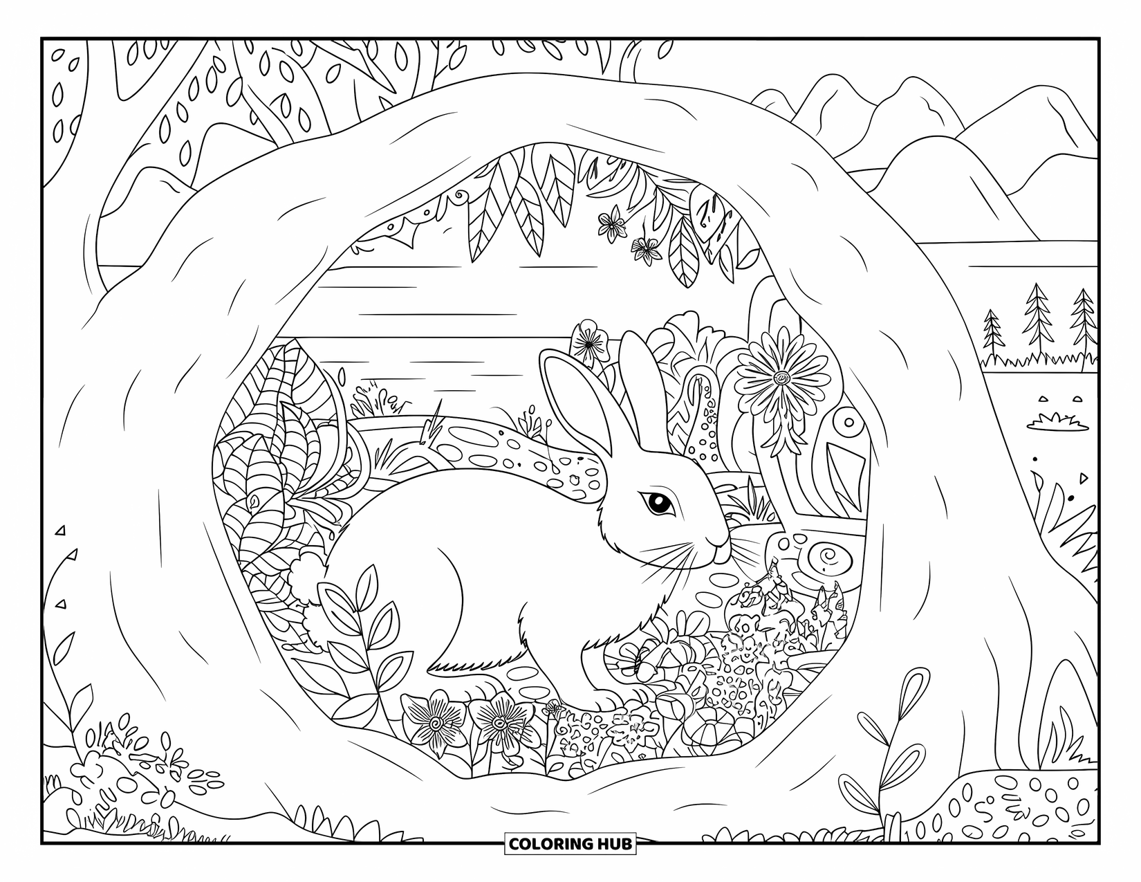 Desenho de coelho para colorir para adultos: Um coelho descansa em uma toca aconchegante cheia de plantas, folhas e detalhes naturais