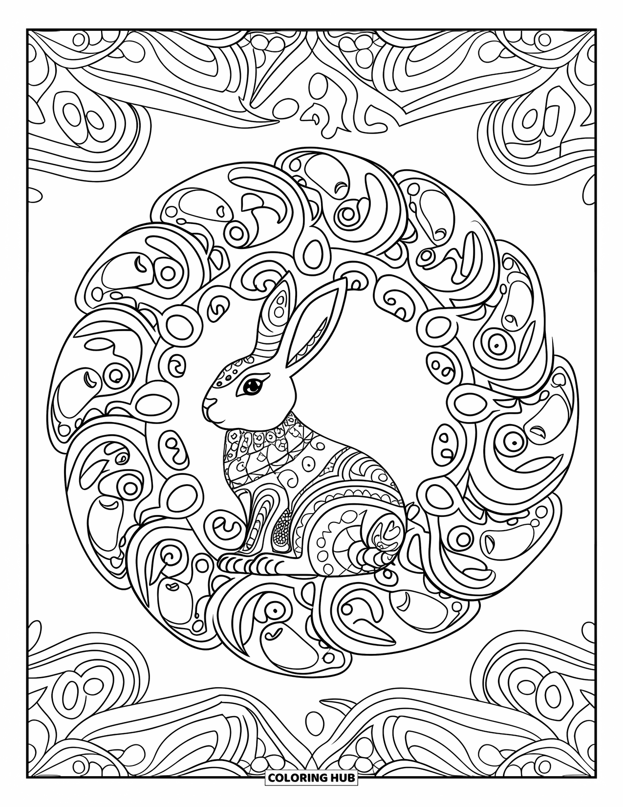 Desenho de coelho para colorir para adultos: Um coelho senta-se no centro de uma mandala rodopiante detalhada