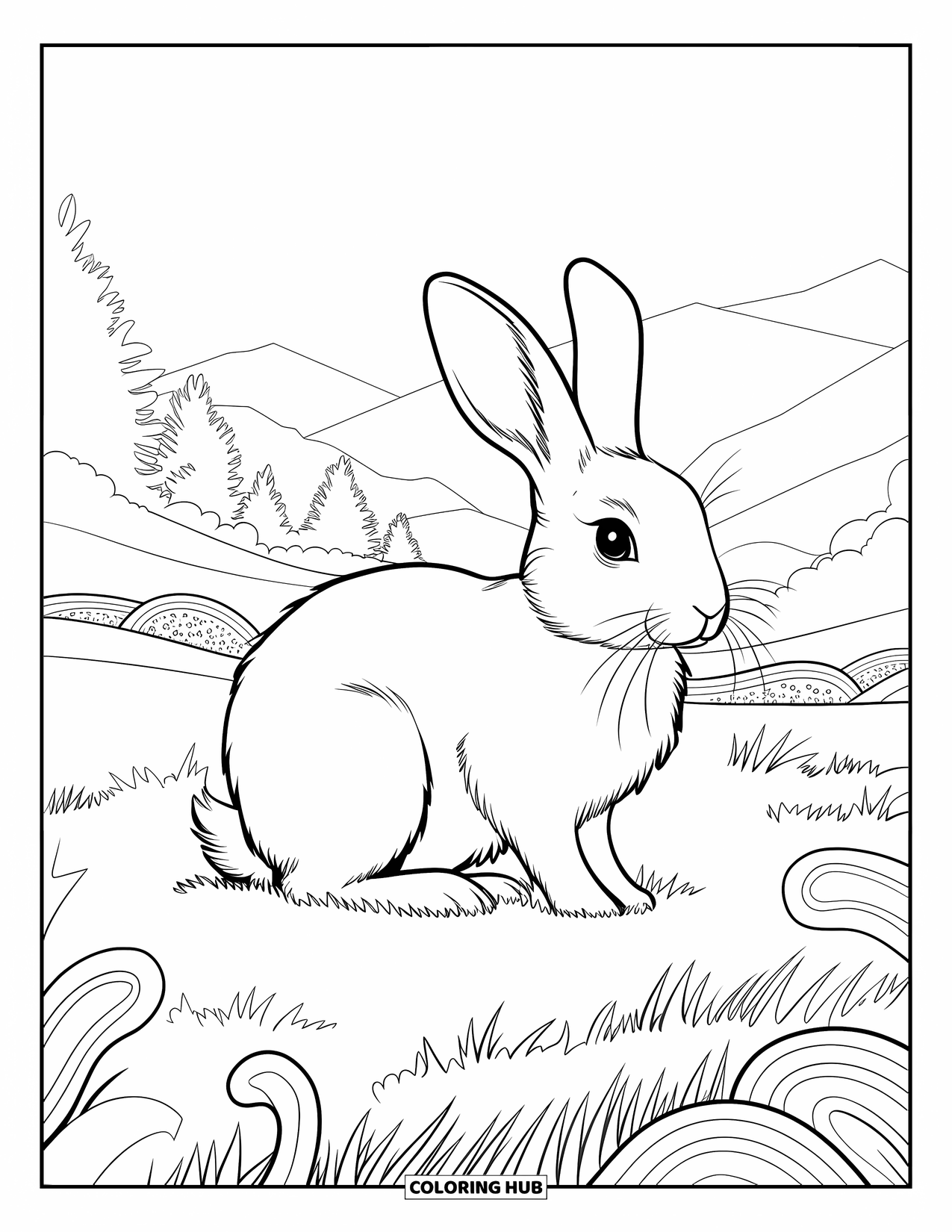 Desenho de coelho para colorir para adultos: Um coelho senta-se em um prado cercado por desenhos paisley rodopiantes