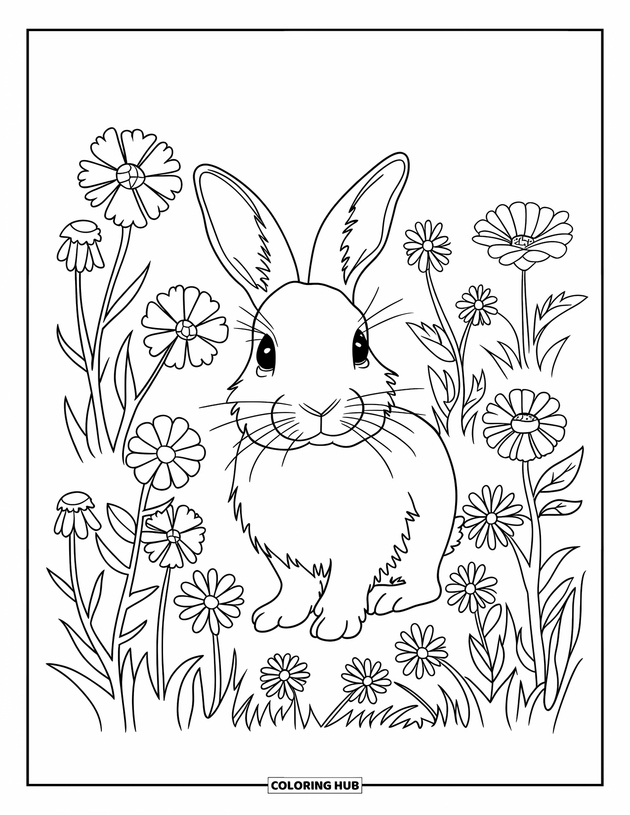 Desenho de coelho para colorir para adultos: Um coelho fica em um campo calmo de flores silvestres detalhadas