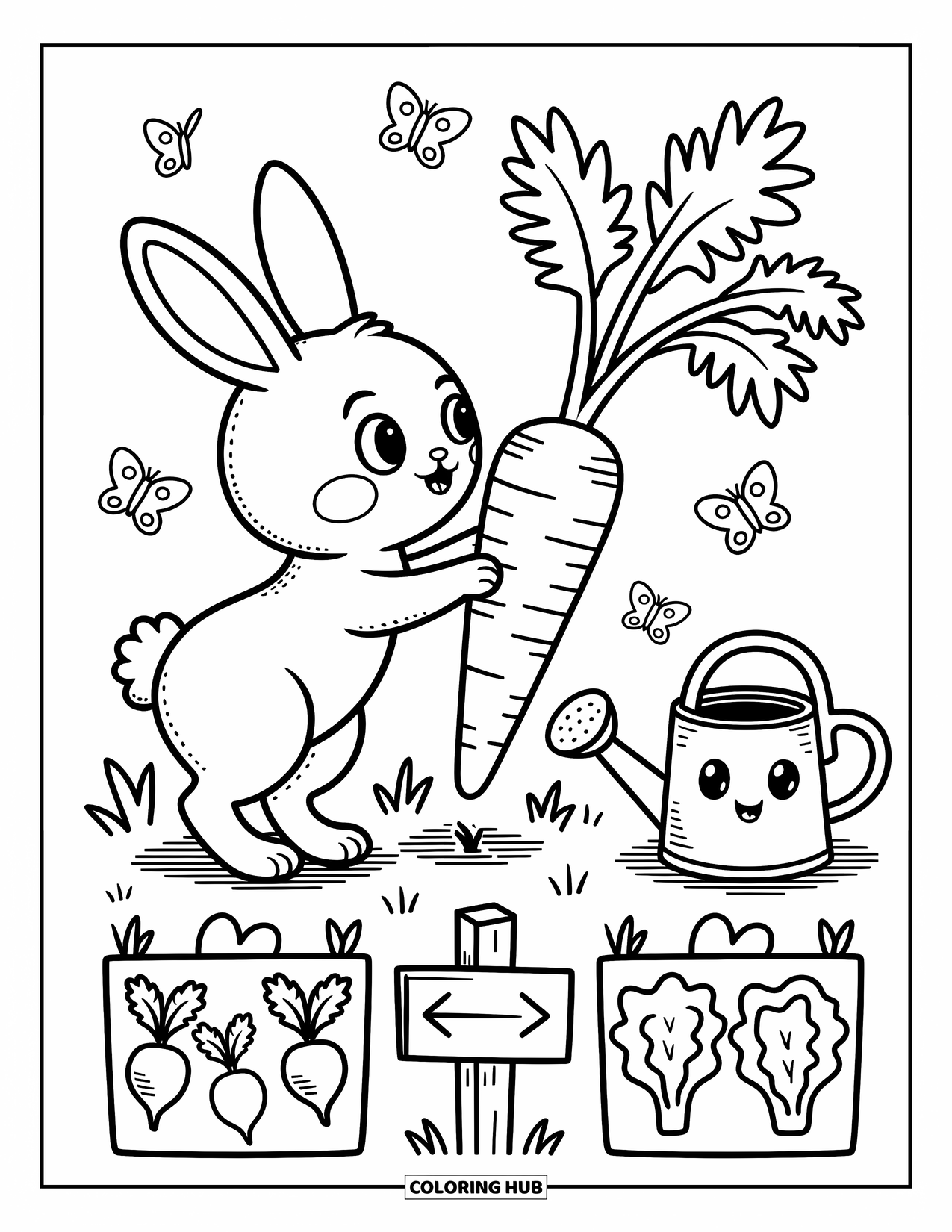 Desenho de coelho para colorir para adultos: Um coelho fica na ponta dos pés em um jardim cheio de vegetais divertidos e borboletas