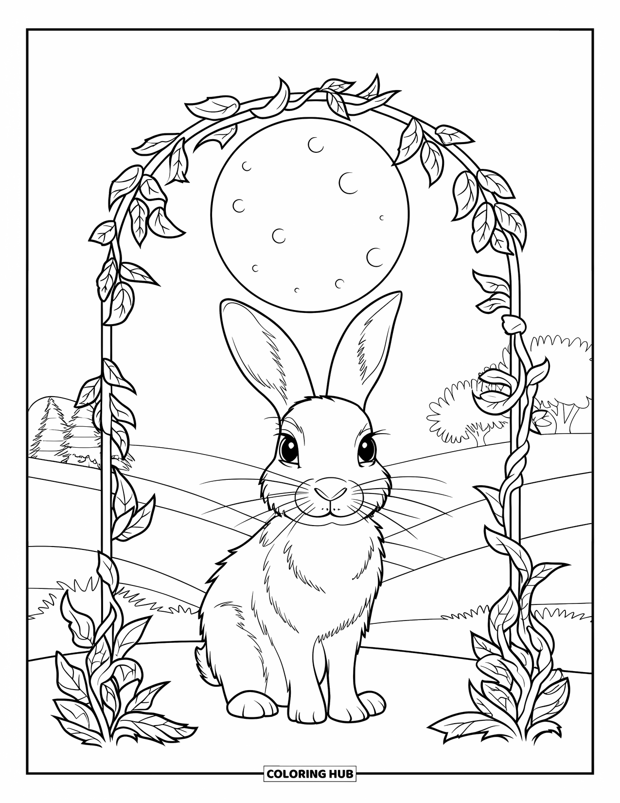Desenho de coelho para colorir para adultos: Um coelho fica sob uma lua cheia emoldurada por videiras e árvores
