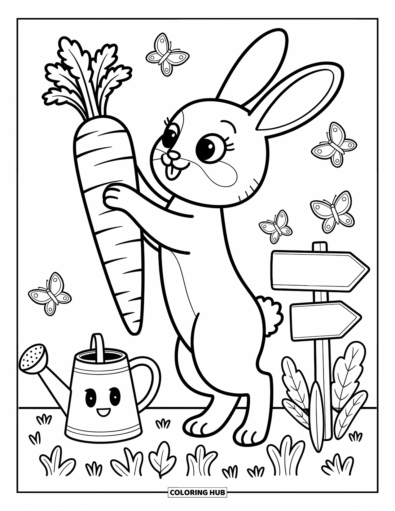 Desenho de coelho para colorir para adultos: Um coelho se estica para uma cenoura enorme enquanto borboletas e um regador sorridente observam