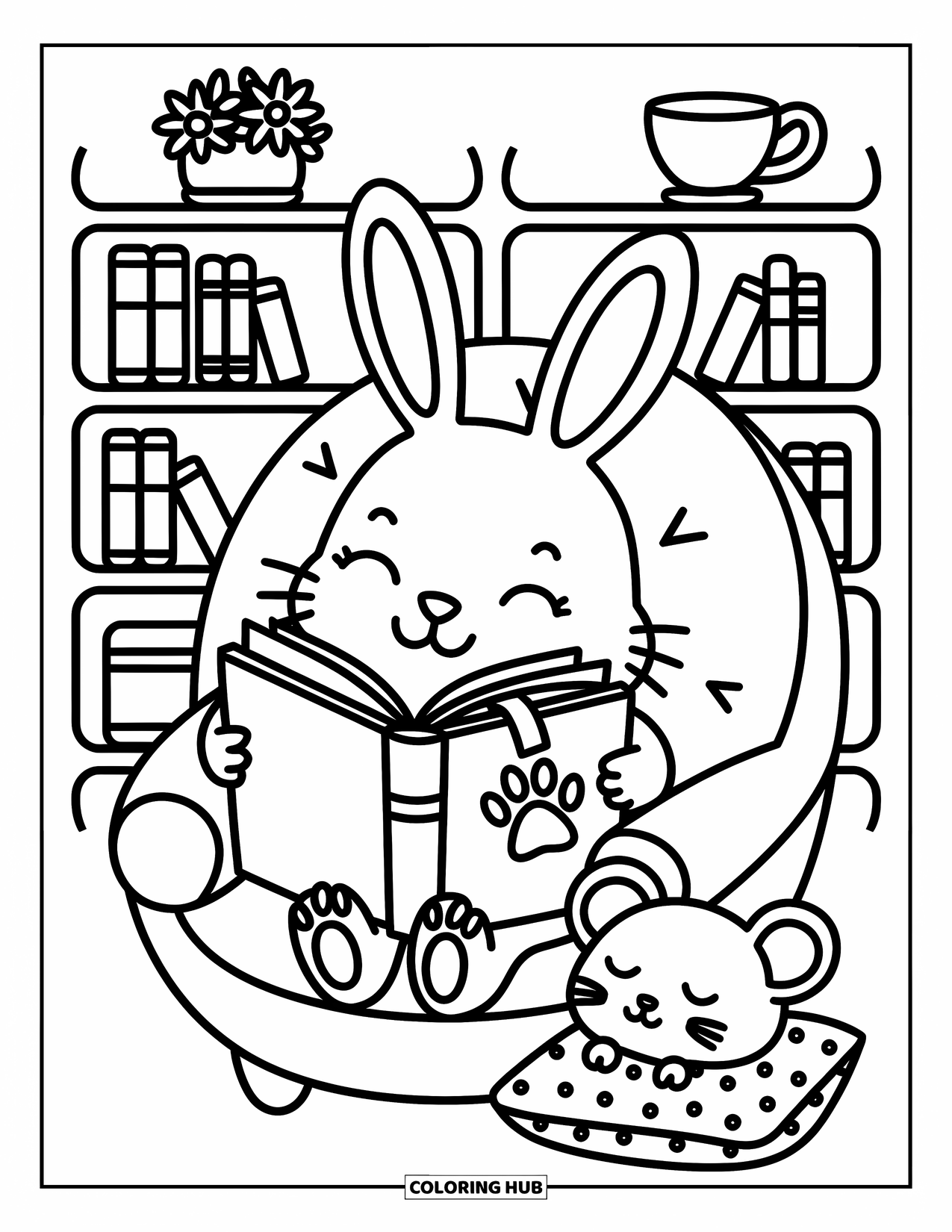 Desenho de coelho para colorir para adultos: Um coelho relaxado lê em uma cadeira macia ao lado de um rato e uma xícara de chá