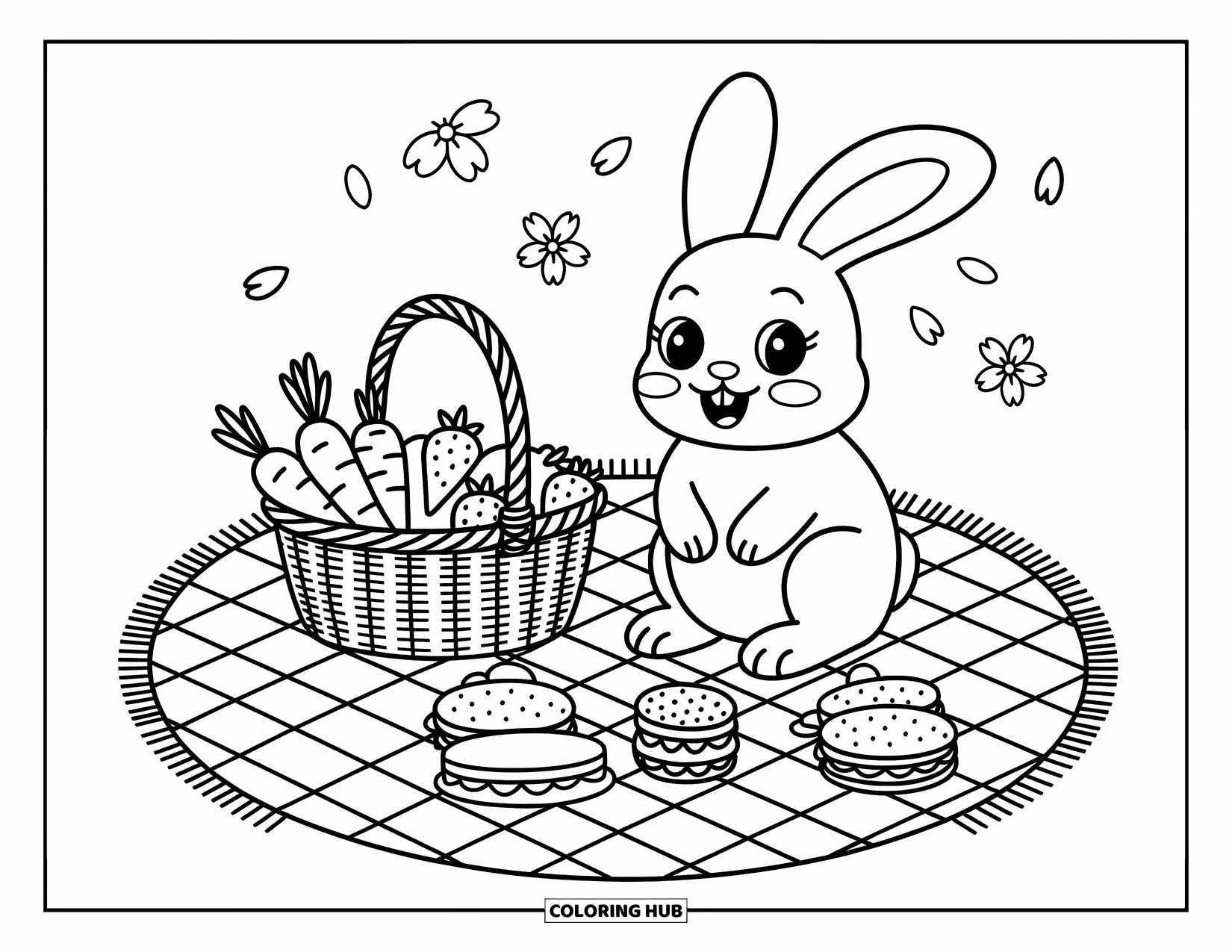 Desenho de coelho para colorir para adultos: Um coelho sorridente desfruta de um piquenique com morangos, sanduíches e flores de cerejeira