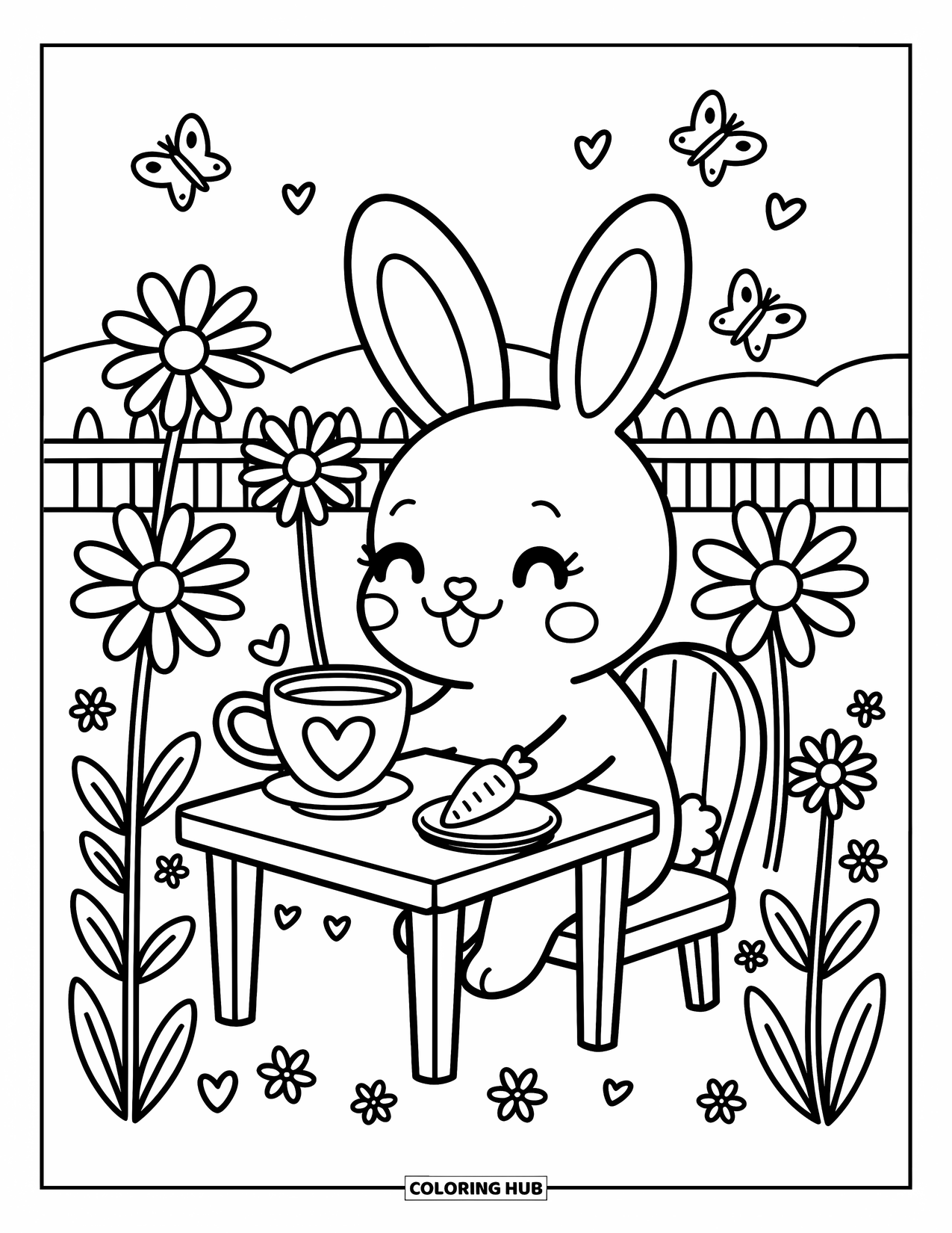Desenho de coelho para colorir para adultos: Um coelho doce saboreia chá com biscoitos entre margaridas e borboletas em um prado