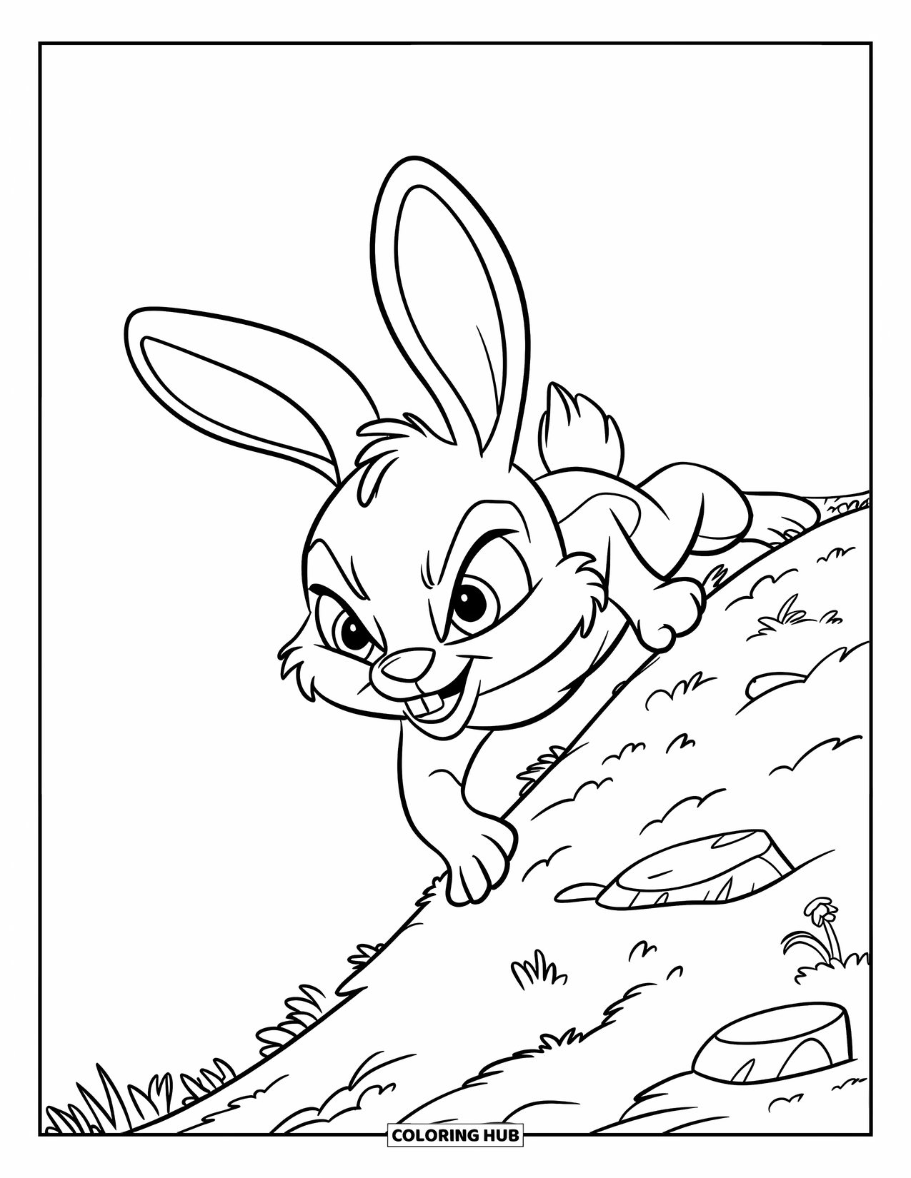 Desenho de coelho para colorir para crianças: Um coelho de olhos ousados sobe uma colina rochosa com plantas e espaço aberto