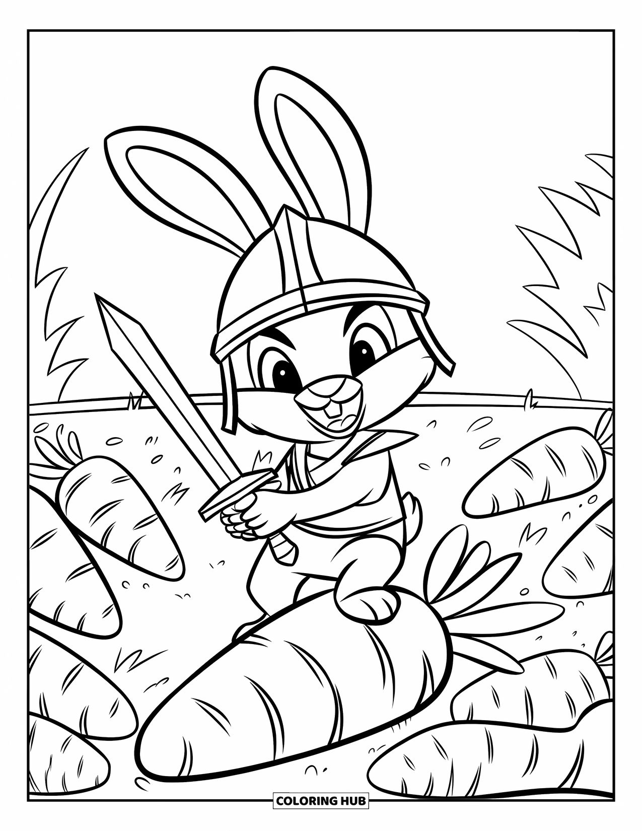 Desenho de coelho para colorir para crianças: Um coelhinho corajoso com uma espada de brinquedo está em cima de uma cenoura na grama