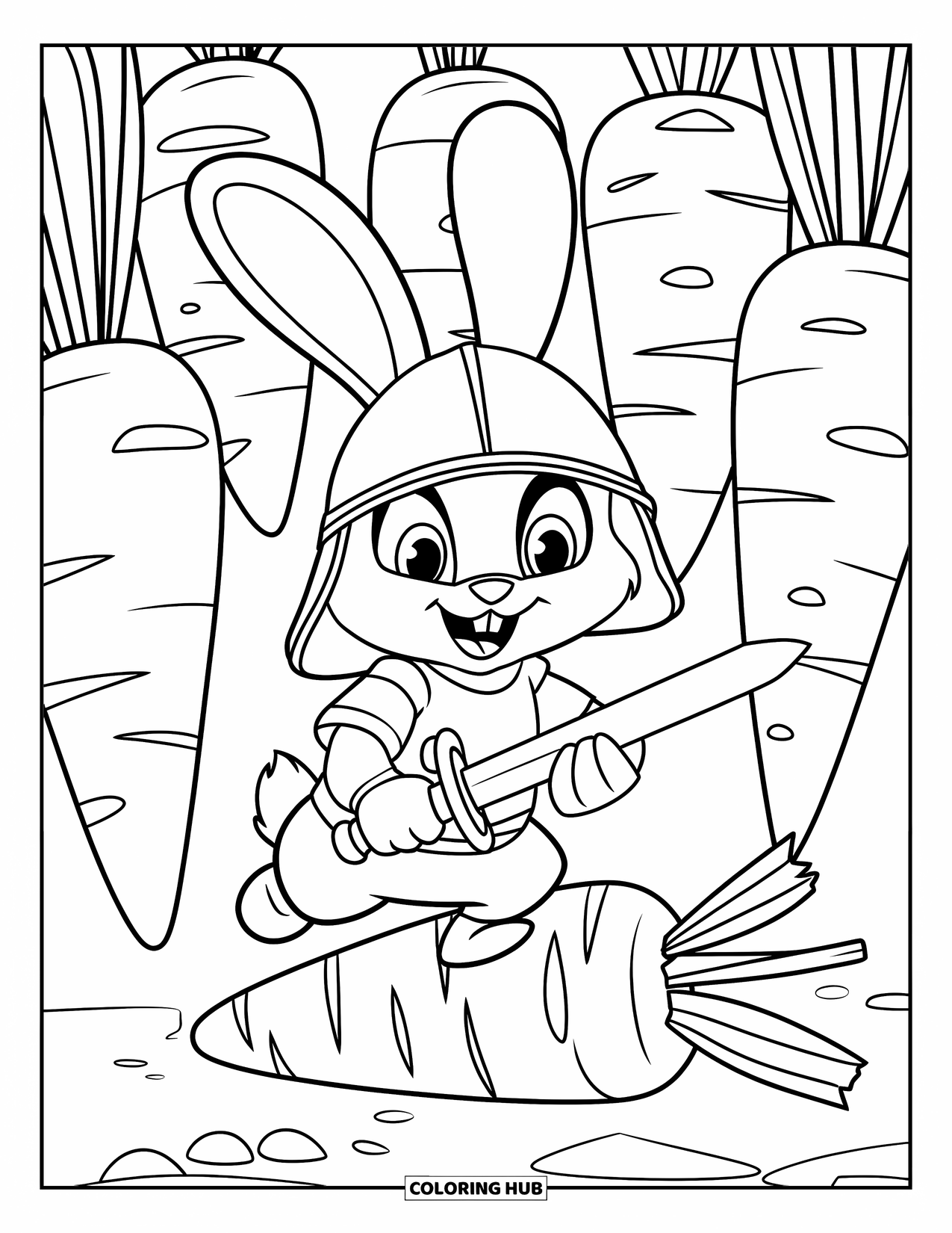 Desenho de coelho para colorir para crianças: Um coelho corajoso de capacete está em cima de uma cenoura, guardando seu reino