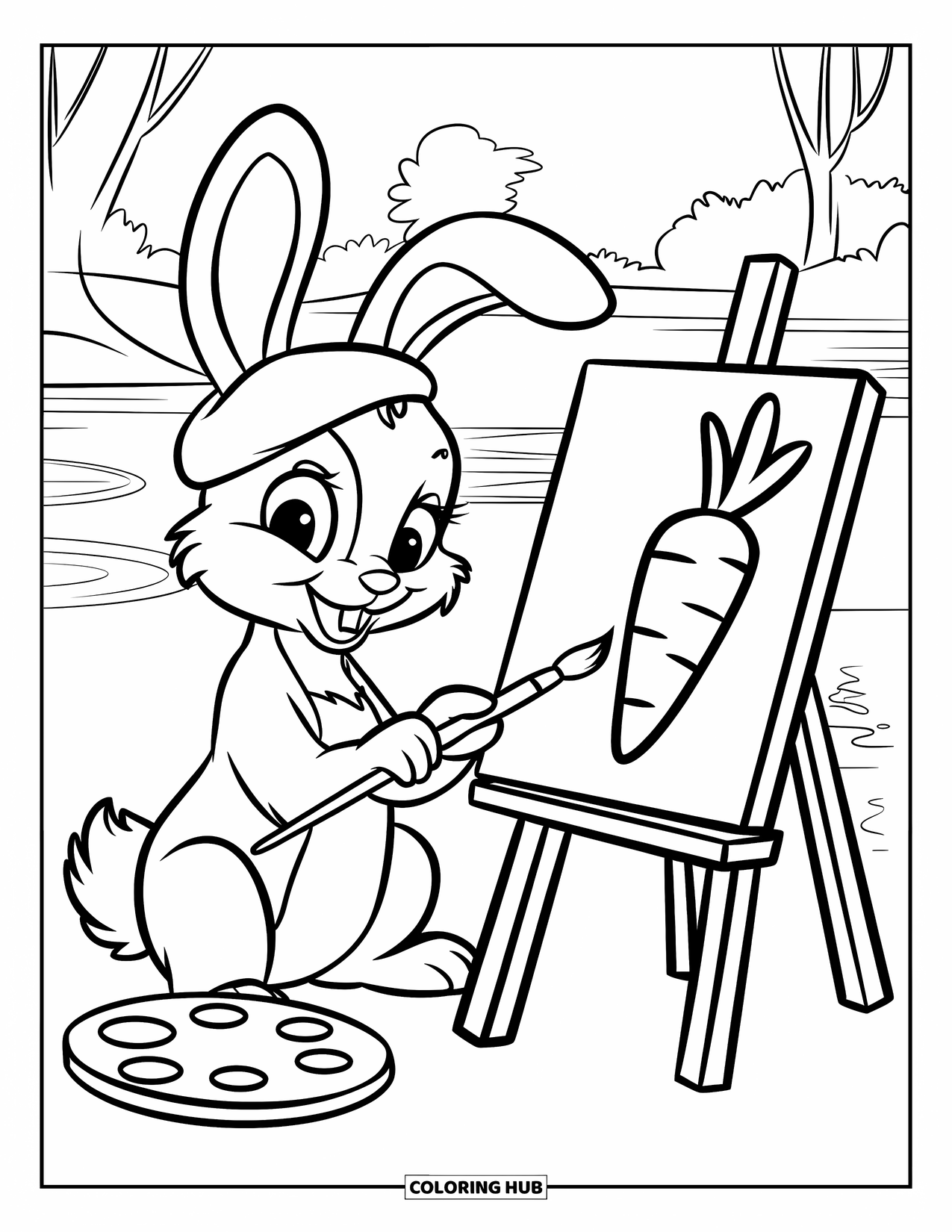 Desenho de coelho para colorir para crianças: Um coelho artista de boina pinta uma cenoura ao lado de árvores e água