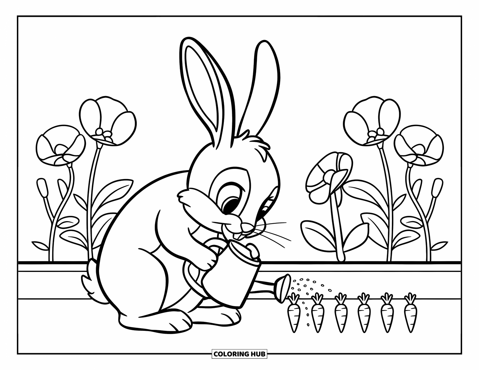 Desenho de coelho para colorir para crianças: Um coelho rega cuidadosamente cenouras em um jardim cheio de flores