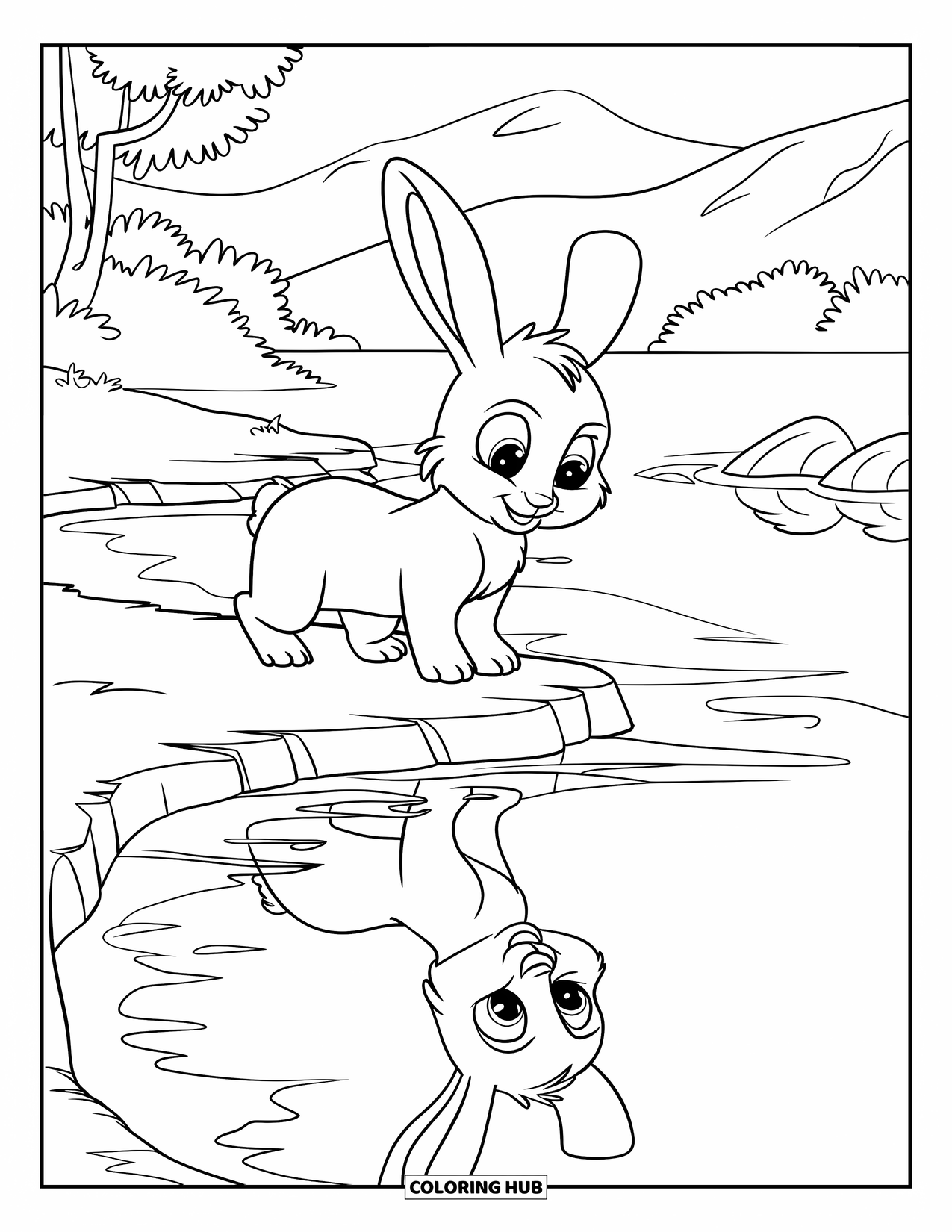 Desenho de coelho para colorir para crianças: Um coelho observa seu reflexo enquanto está perto de um lago calmo