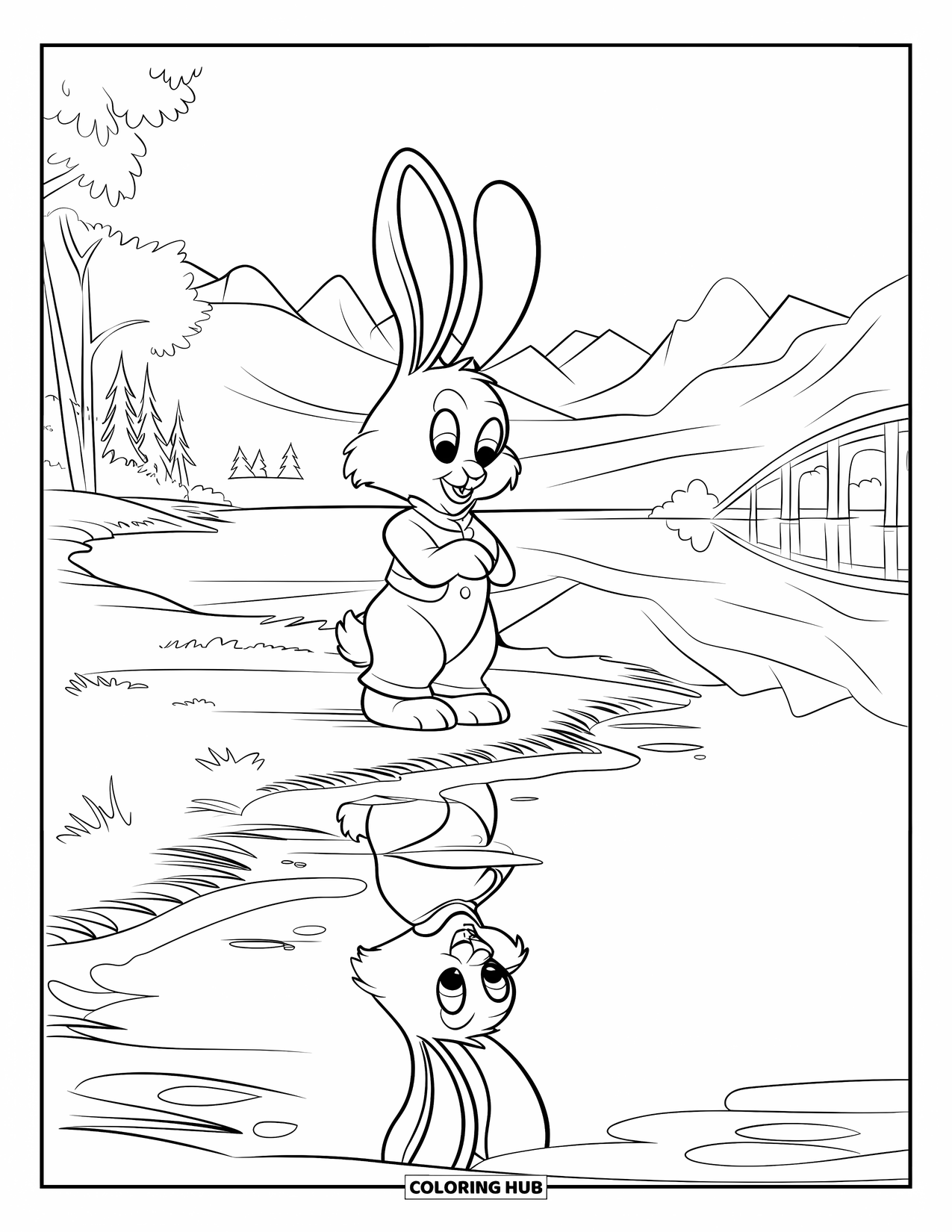 Desenho de coelho para colorir para crianças: Um coelho com uma roupa fofa olha para a água perto de árvores e montanhas