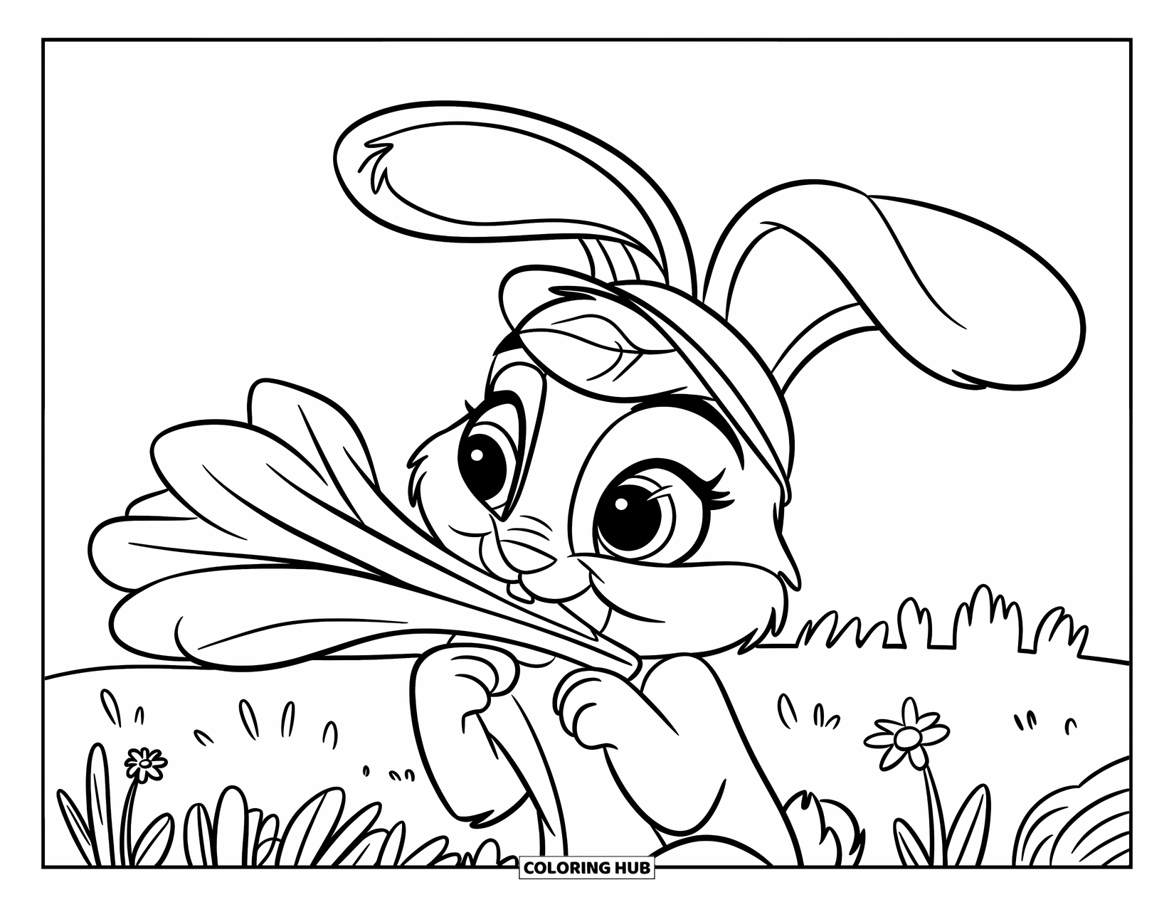 Desenho de coelho para colorir para crianças: Um coelho com um chapéu de folha mordisca um vegetal em um campo florido