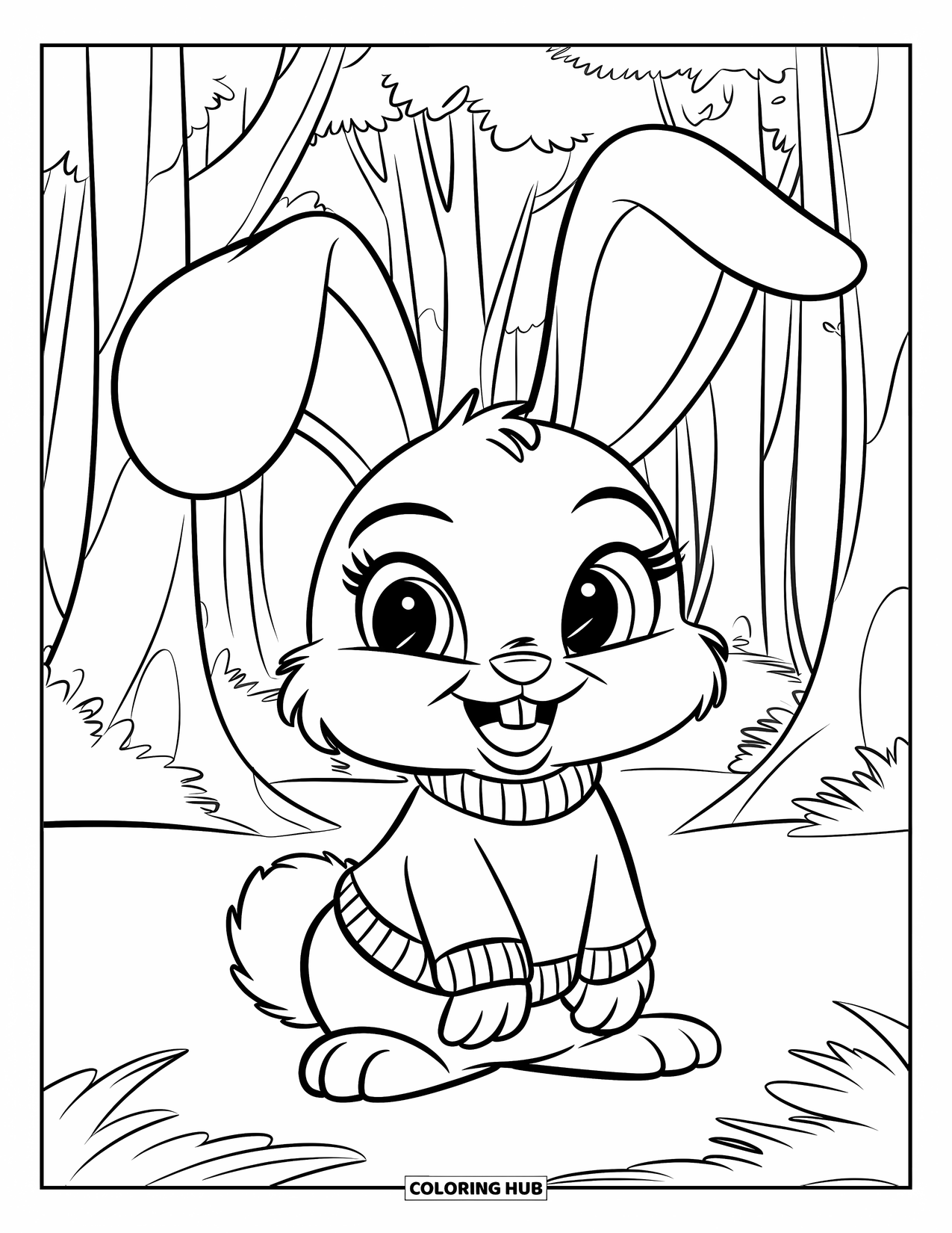 Desenho de coelho para colorir para crianças: Um coelho com um suéter vermelho senta-se ereto com orelhas grandes e um rabo fofo