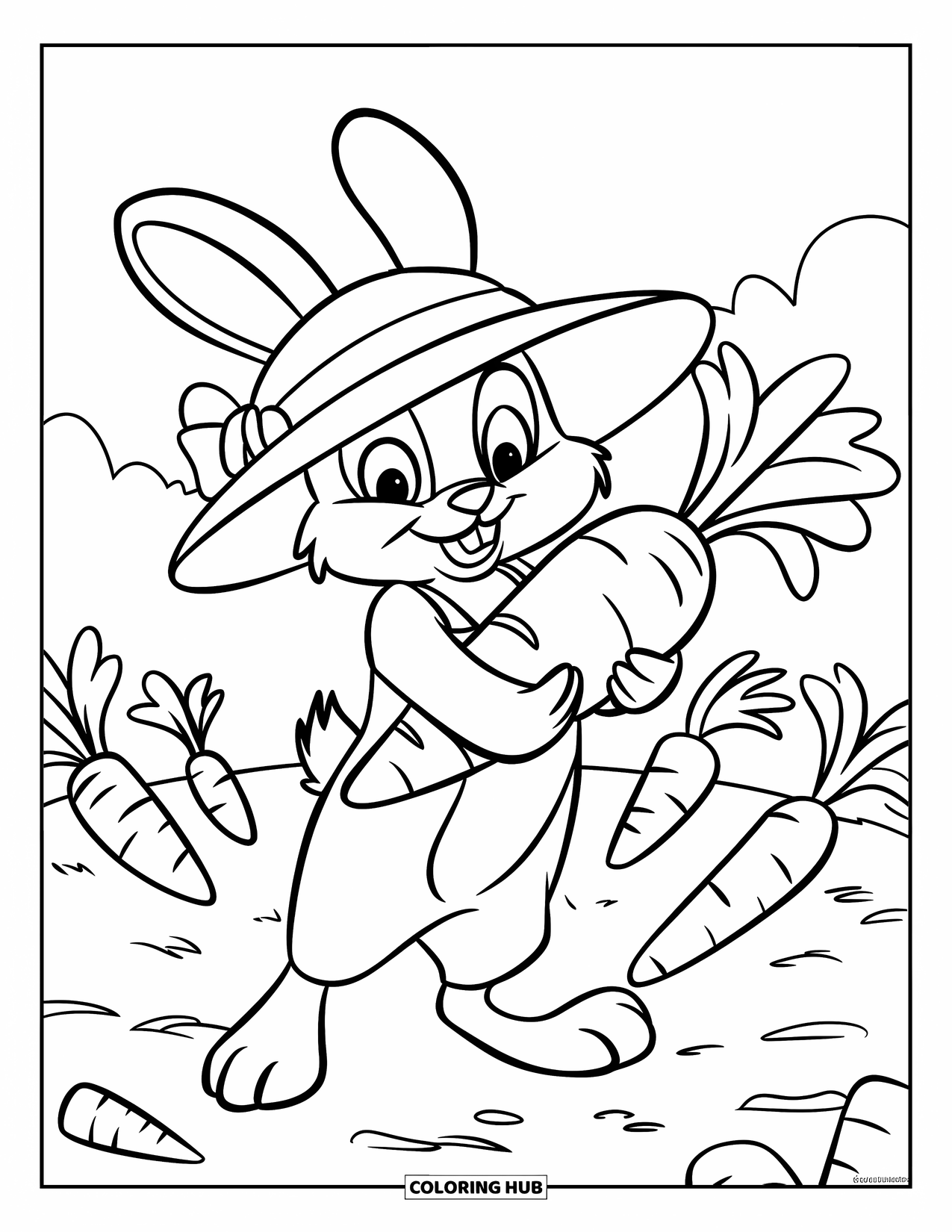 Desenho de coelho para colorir para crianças: Um coelho com um chapéu de palha segura uma cenoura gigante em seu jardim
