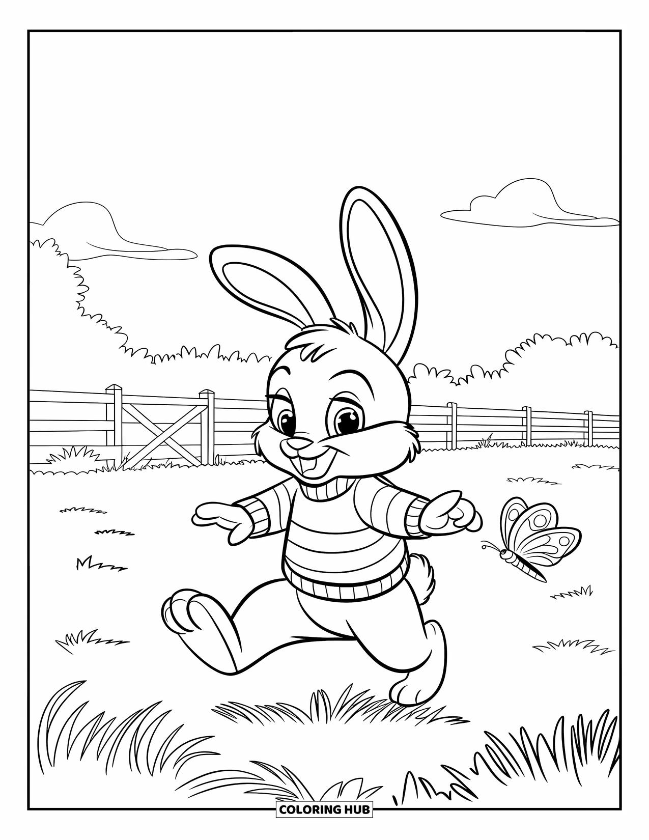 Desenho de coelho para colorir para crianças: Um coelho de listras pula por um campo perto de uma borboleta e uma cerca