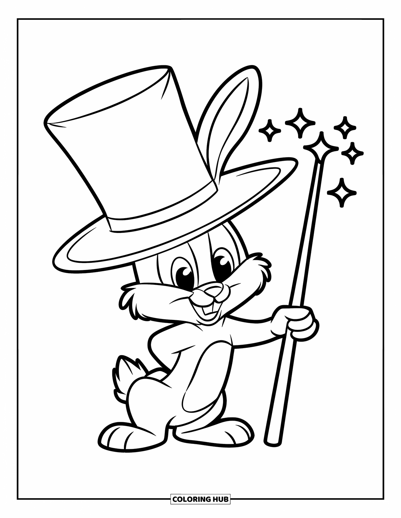 Desenho de coelho para colorir para crianças: Um coelho mágico está ao lado de uma varinha cercada por brilhos