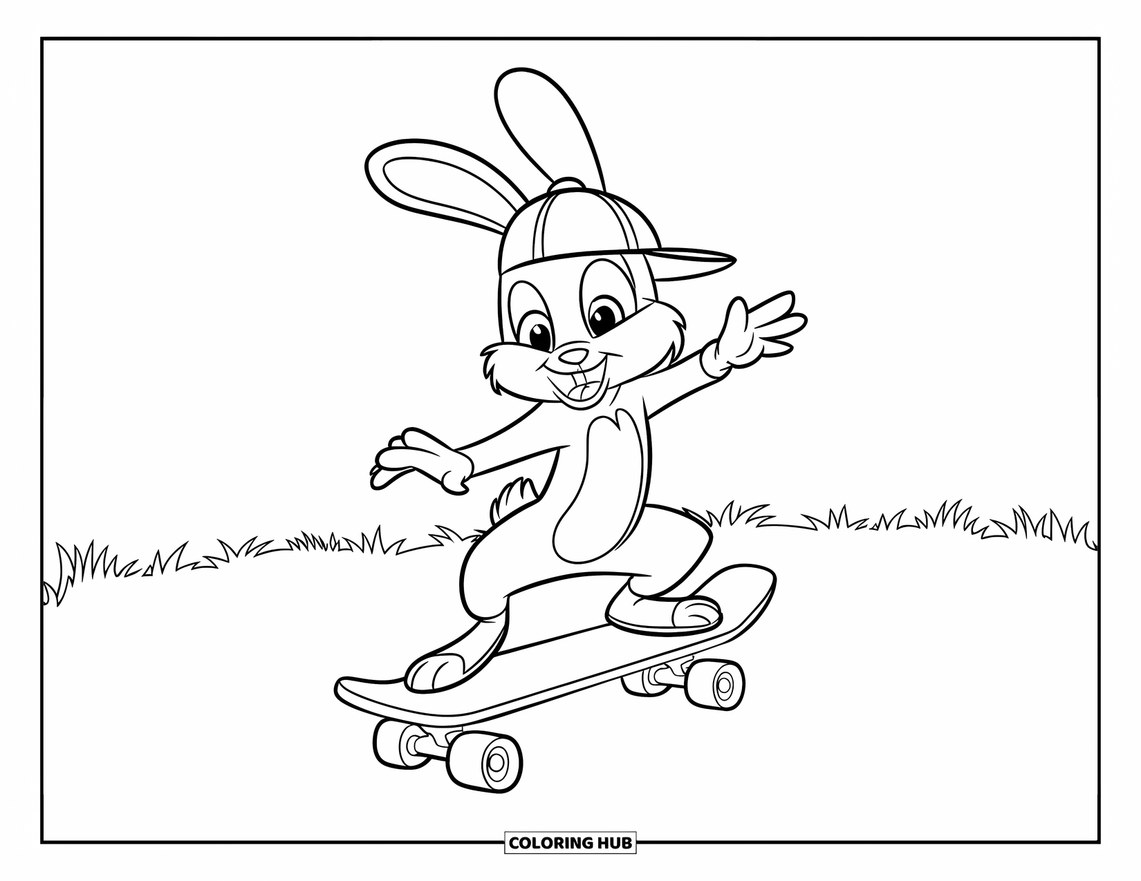 Desenho de coelho para colorir para crianças: Um coelho com um boné anda de skate alegremente por um campo ensolarado