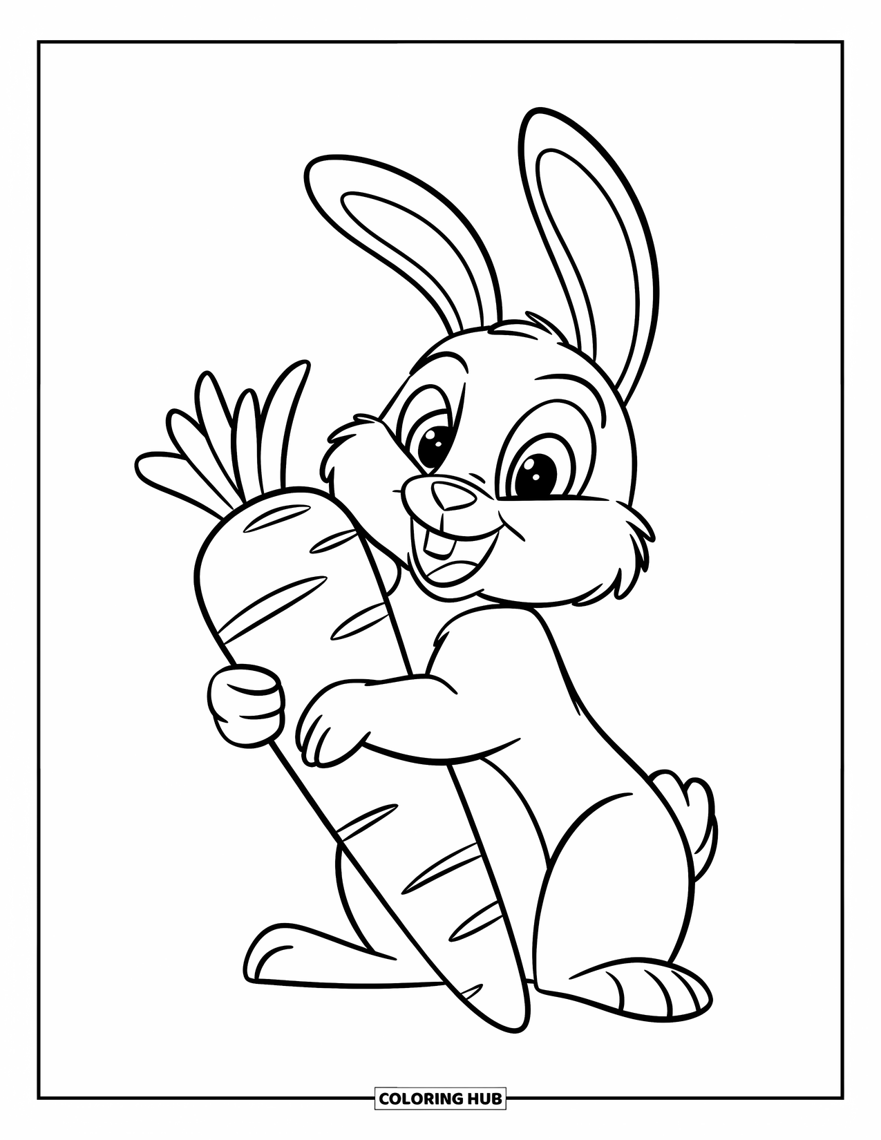 Desenho de coelho para colorir para crianças: Um coelho com orelhas caídas segura uma cenoura grande enquanto está sentado no chão