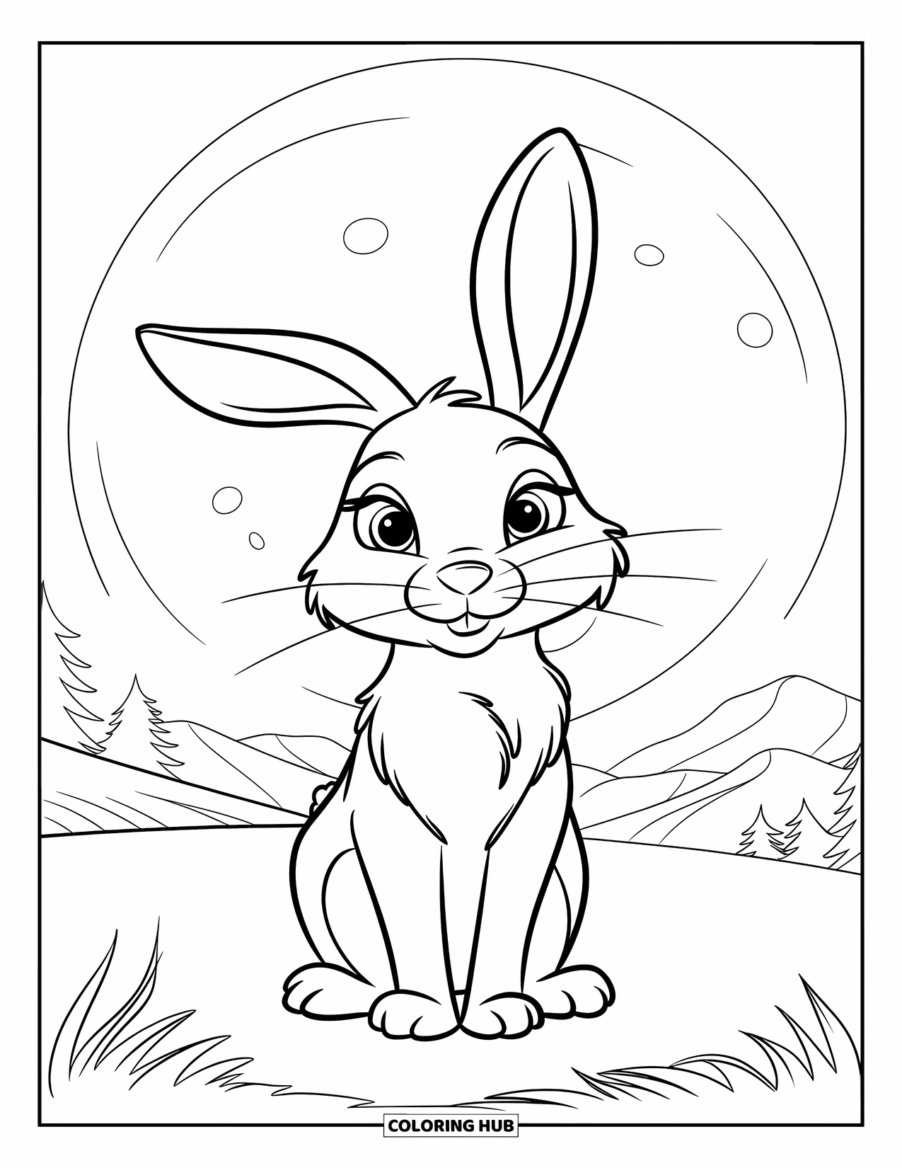 Desenho de coelho para colorir para crianças: Um coelho calmo descansa sob uma lua cheia brilhante com montanhas por perto