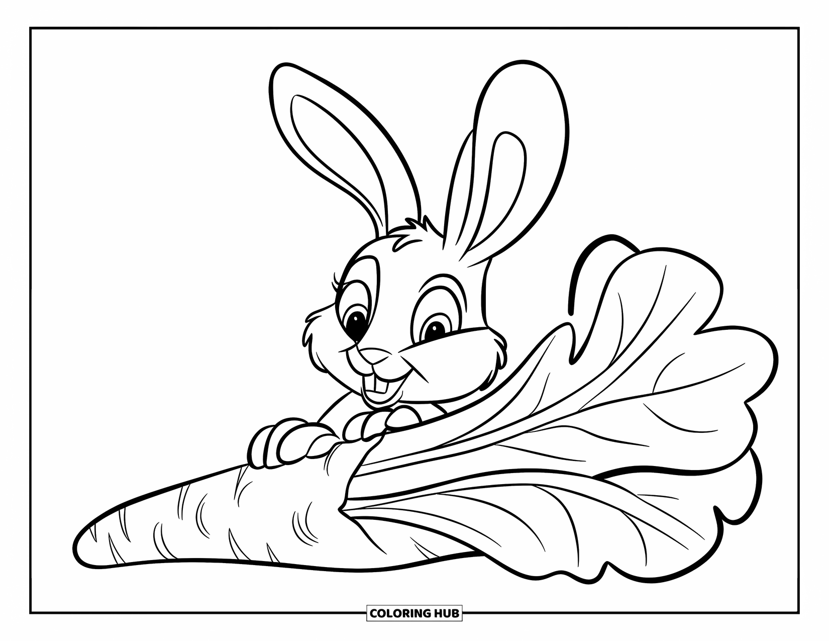 Desenho de coelho para colorir para crianças: Um coelho alegre desfruta de um grande lanche folhoso com olhos fofos