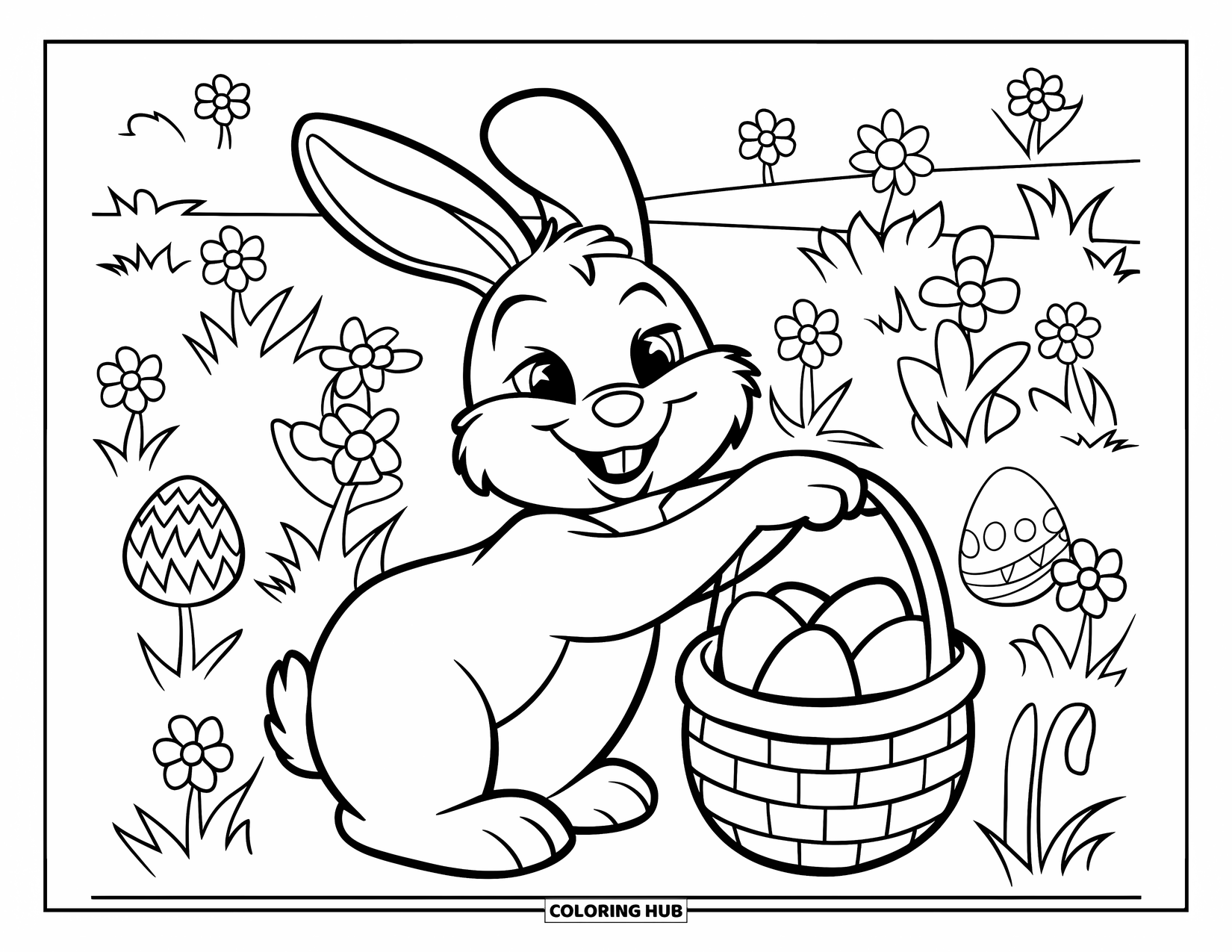 Desenho de coelho para colorir para crianças: Um coelho alegre pula com uma cesta de ovos por um prado de flores grandes