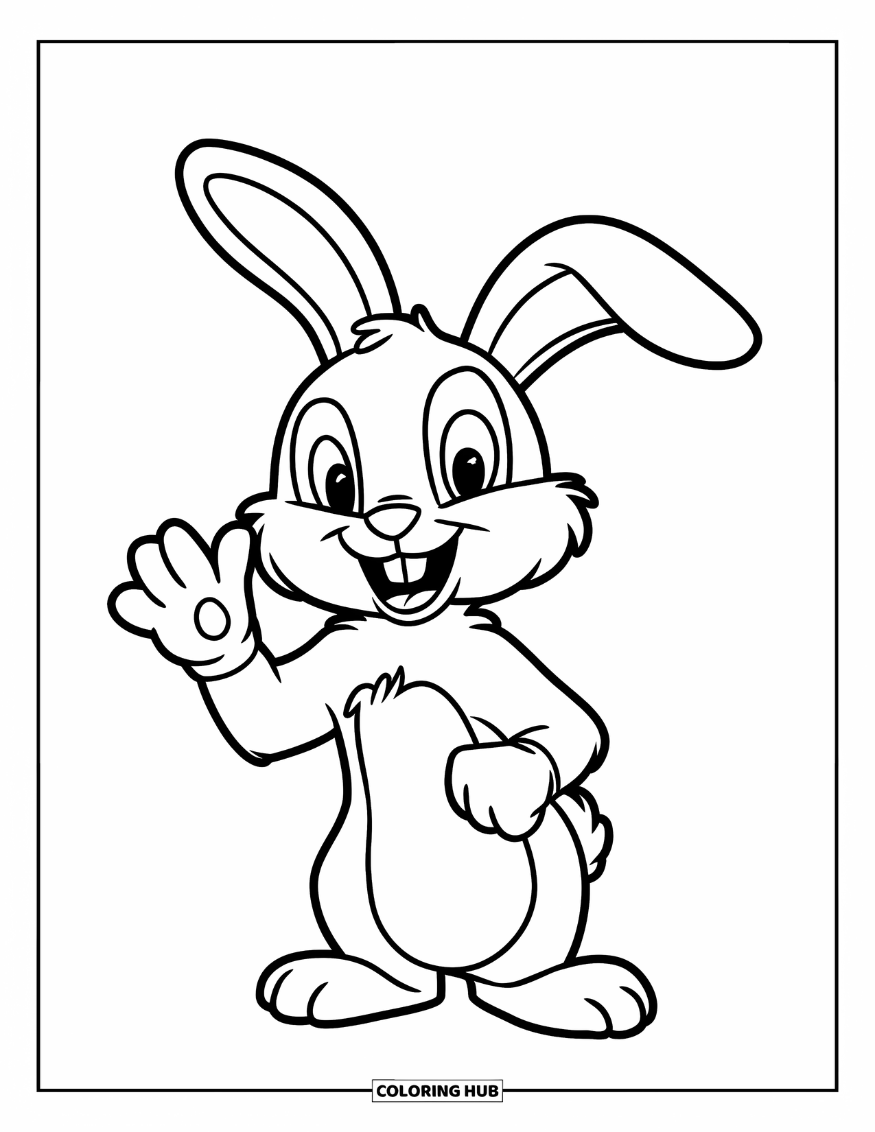 Desenho de coelho para colorir para crianças: Um coelho alegre acena docemente com uma pata na barriga