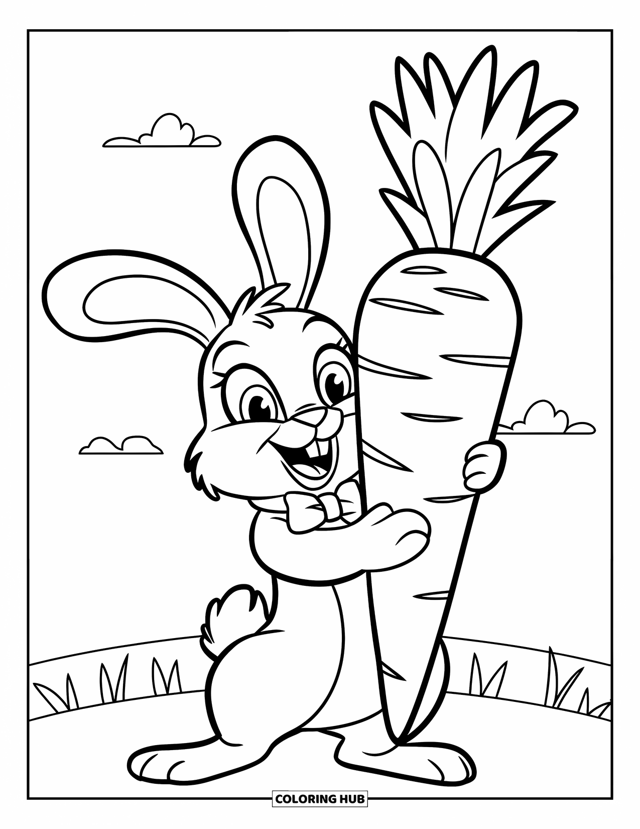 Desenho de coelho para colorir para crianças: Um coelho alegre com um laço abraça uma cenoura sob um céu nublado