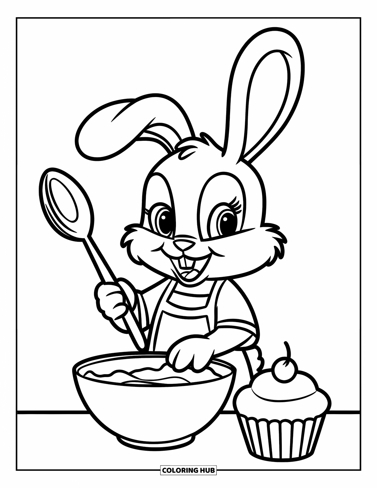 Desenho de coelho para colorir para crianças: Um coelho padeiro alegre mistura a massa ao lado de um cupcake em uma mesa limpa