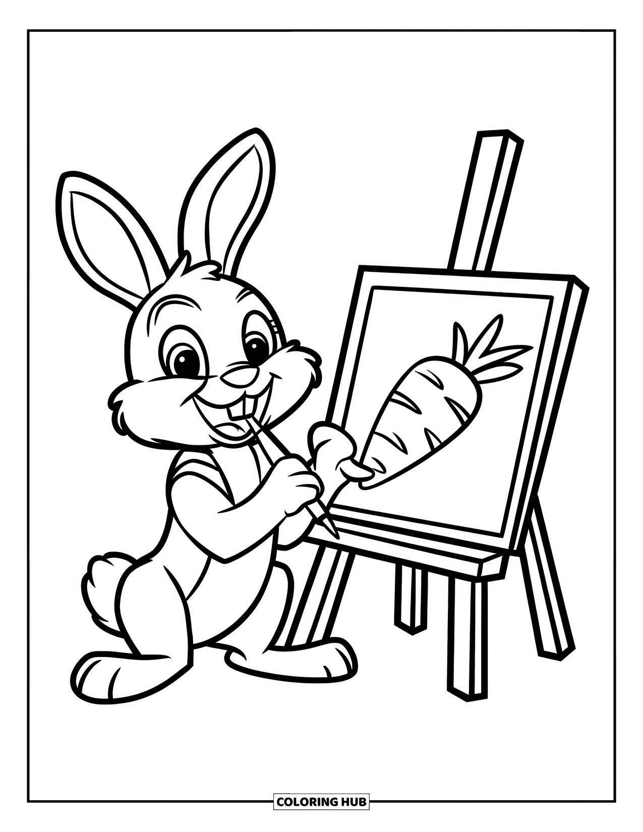 Desenho de coelho para colorir para crianças: Um coelho alegre pinta uma cenoura com um pincel ao lado de uma tela em branco