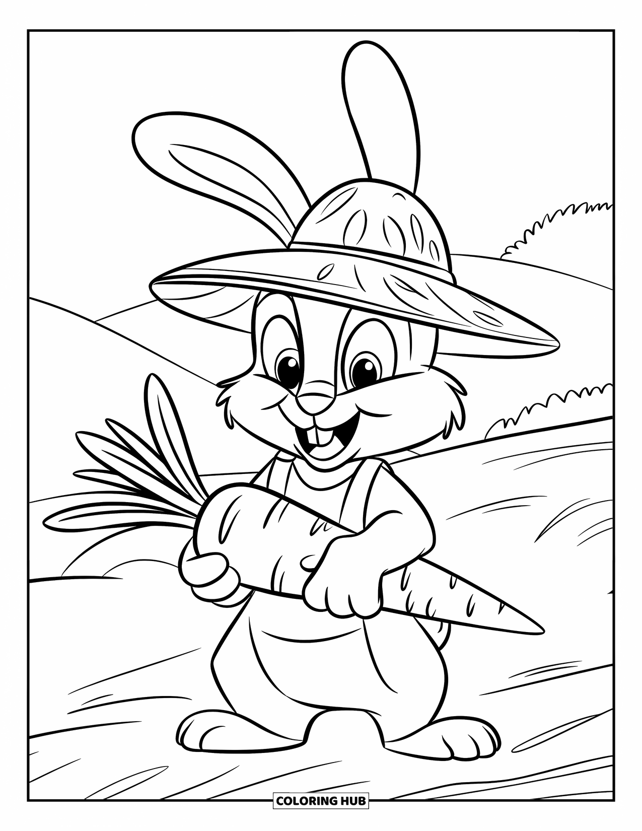 Desenho de coelho para colorir para crianças: Um coelho alegre com um chapéu de palha exibe sua cenoura gigante em uma colina