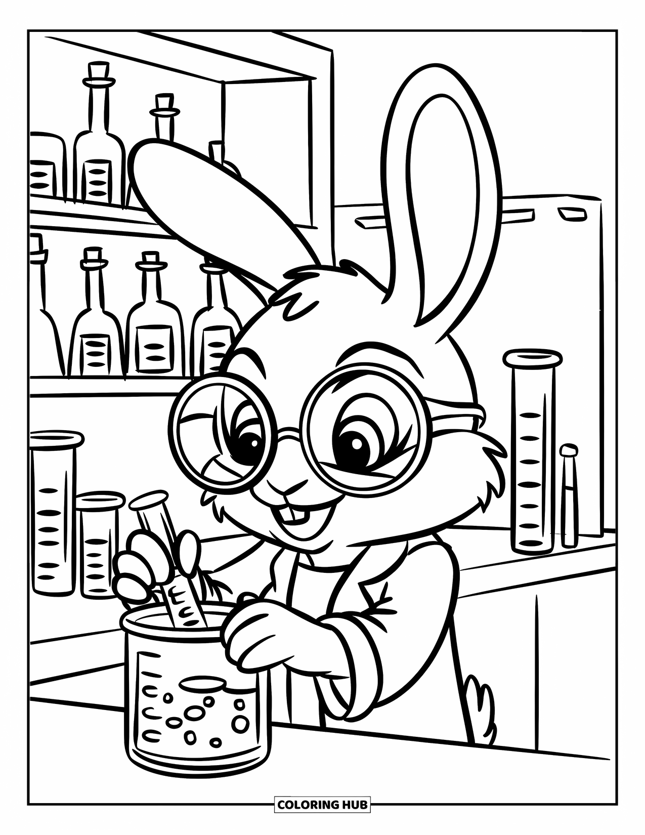 Desenho de coelho para colorir para crianças: Um coelho esperto de jaleco mexe poções cercado por garrafas de vidro