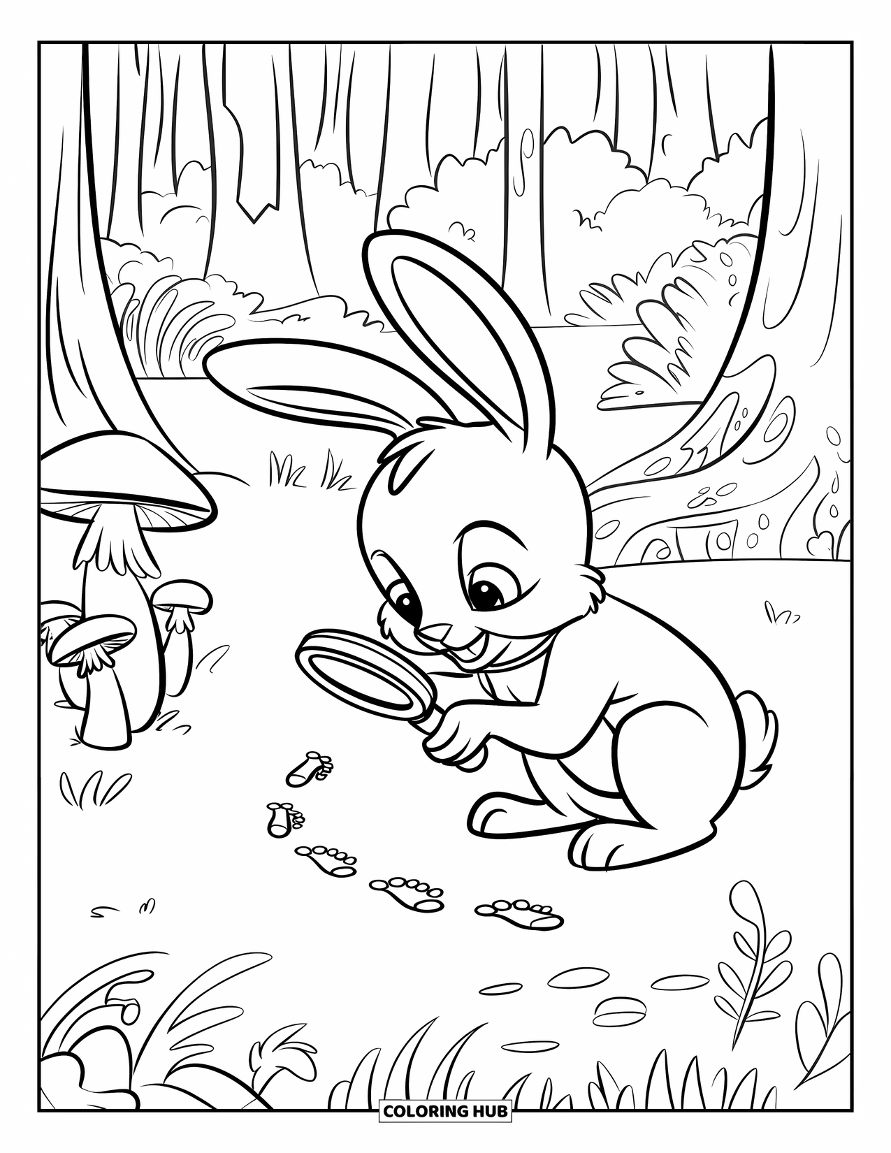 Desenho de coelho para colorir para crianças: Um coelho curioso segue pegadas perto de cogumelos e árvores altas