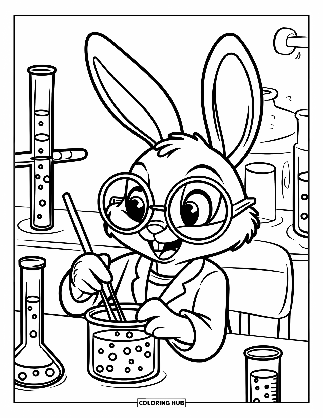 Desenho de coelho para colorir para crianças: Um coelho curioso de óculos mistura poções borbulhantes em um laboratório mágico