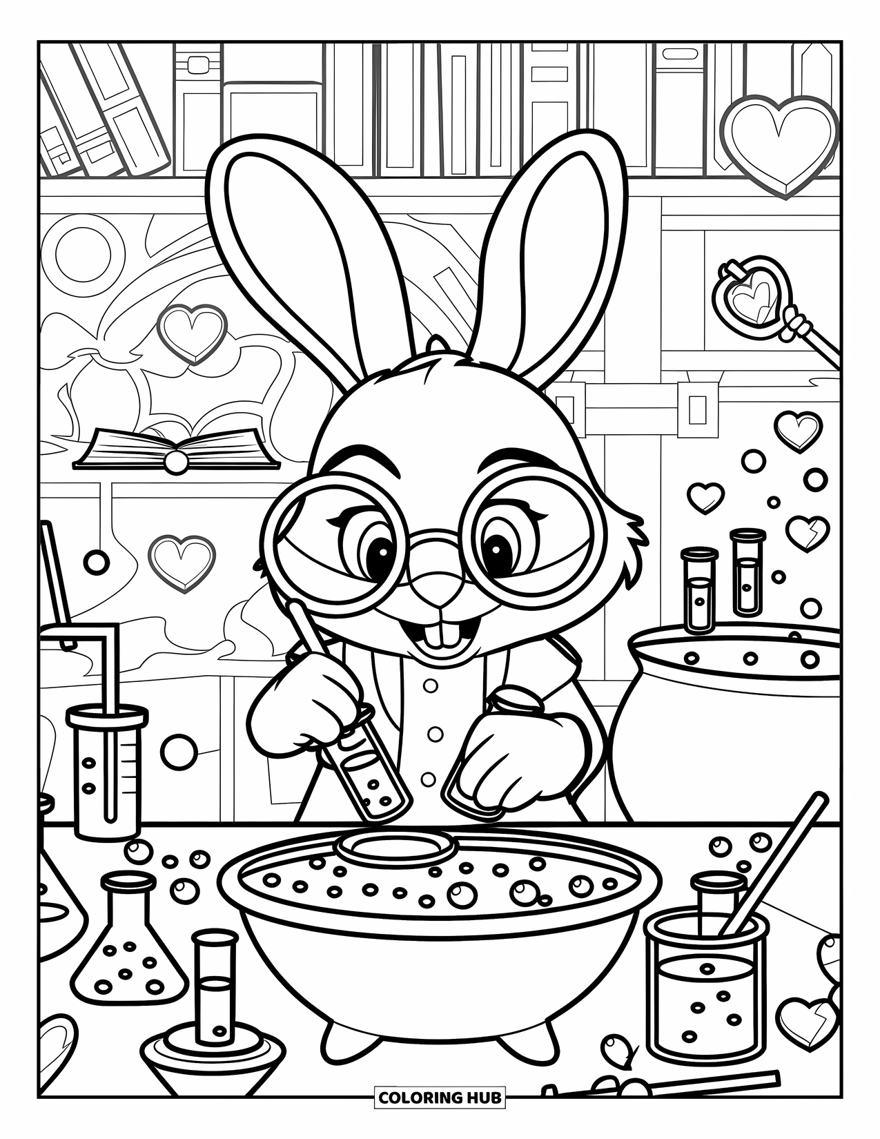 Desenho de coelho para colorir para crianças: Um coelho curioso faz poções em um laboratório com livros, brilhos e corações flutuantes