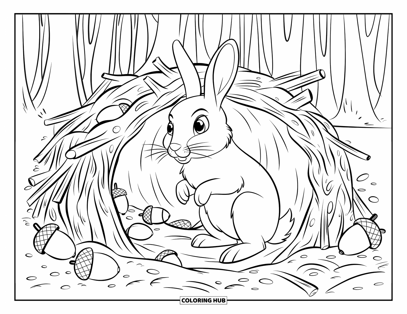 Desenho de coelho para colorir para crianças: Um coelho curioso senta-se ereto em uma toca cercada por árvores, galhos e bolotas