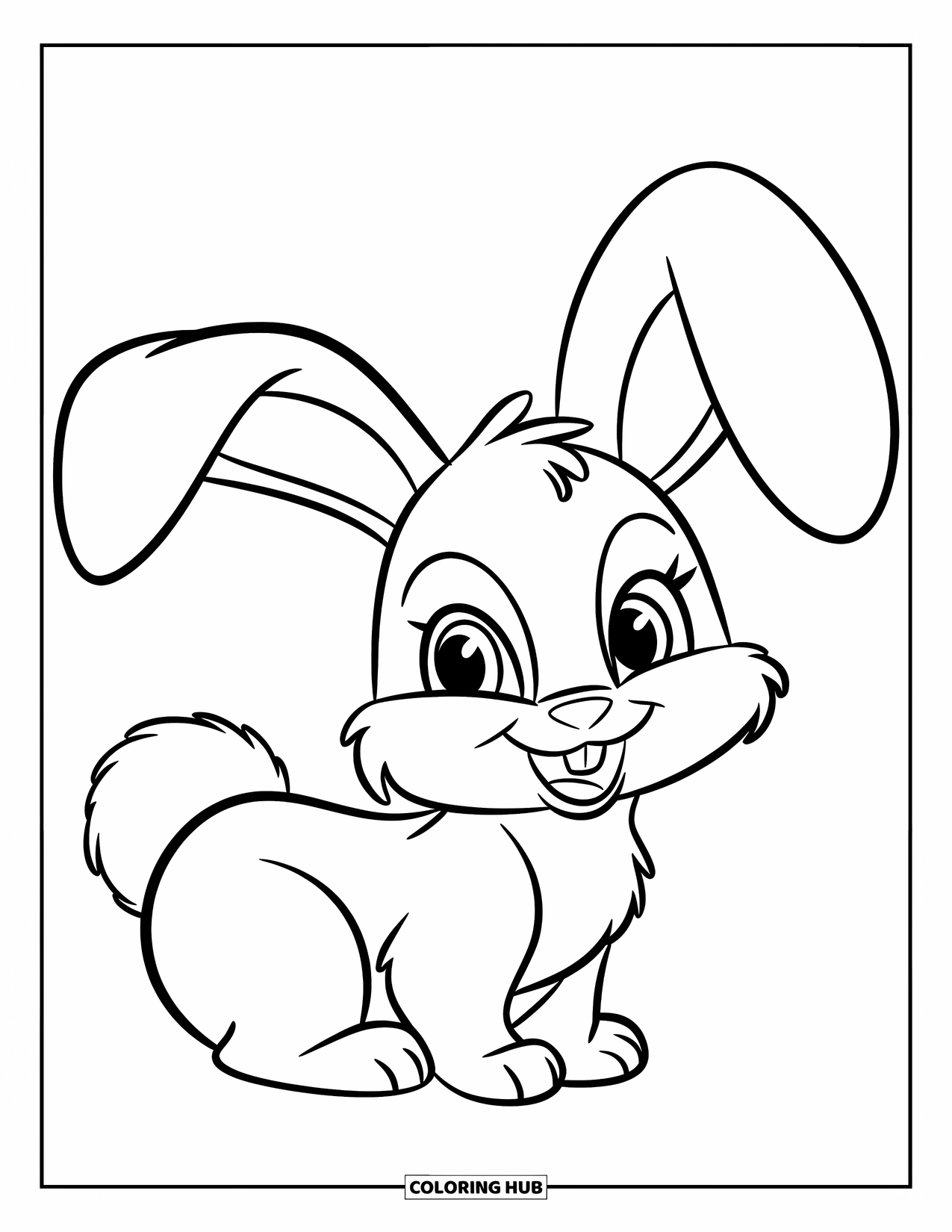 Desenho de coelho para colorir para crianças: Um coelho fofo com orelhas caídas e um rabo fofo senta-se silenciosamente