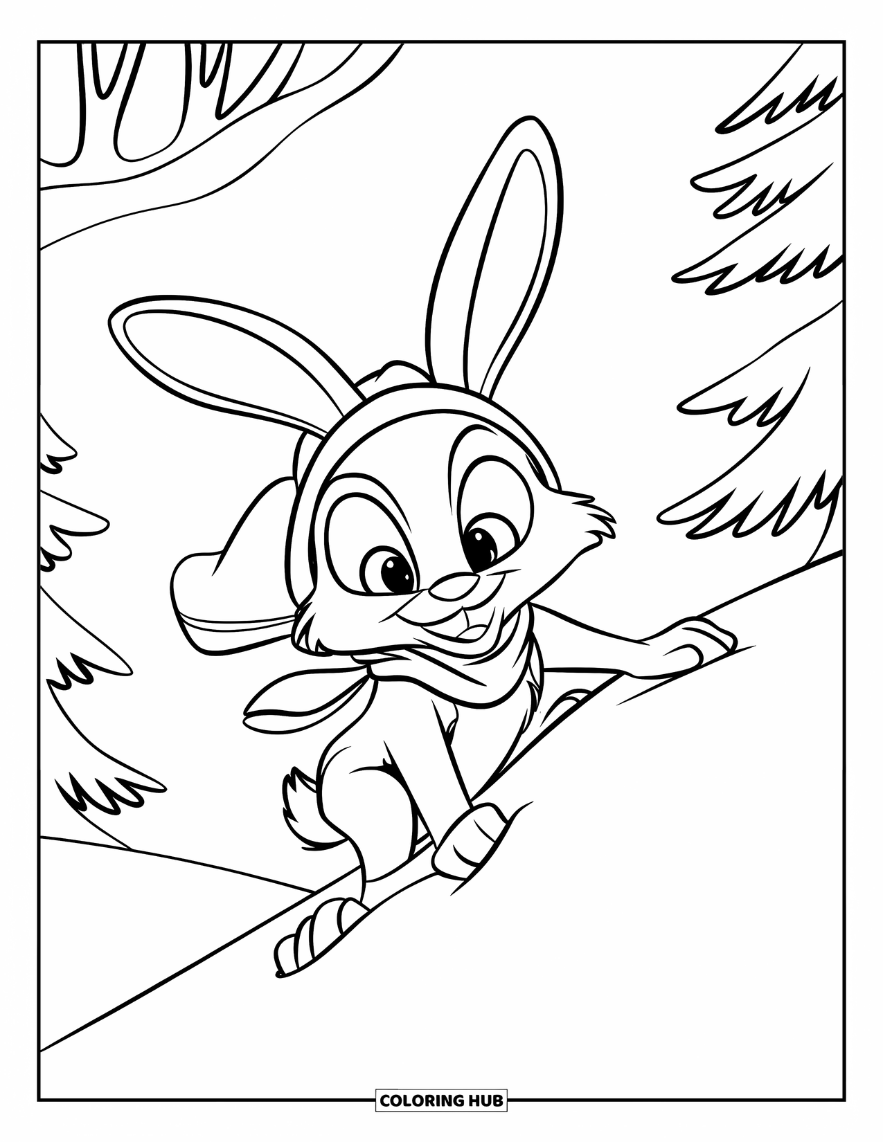 Desenho de coelho para colorir para crianças: Um coelho determinado sobe uma colina nevada com as orelhas em pé