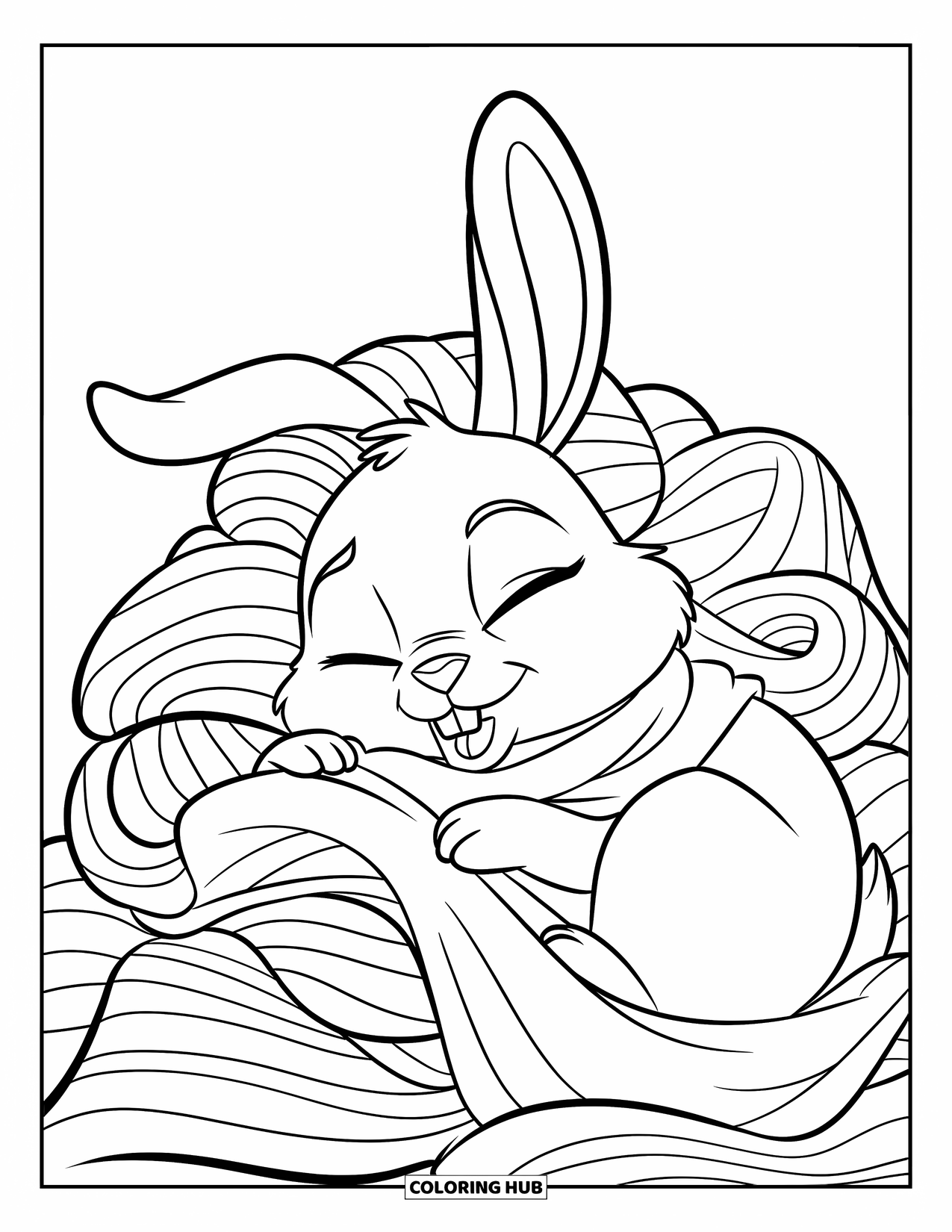 Desenho de coelho para colorir para crianças: Um coelho sonolento de cachecol se enrola em uma pilha de cobertores aconchegantes