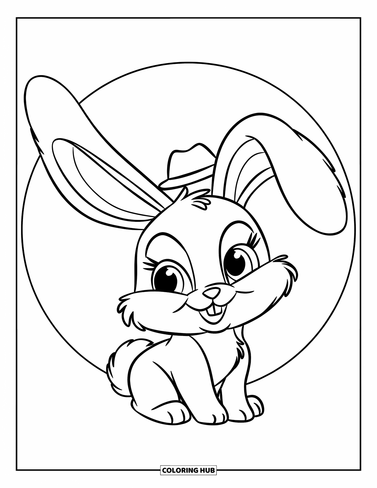 Desenho de coelho para colorir para crianças: Um coelho de orelhas caídas com um chapeuzinho senta-se silenciosamente em um círculo branco