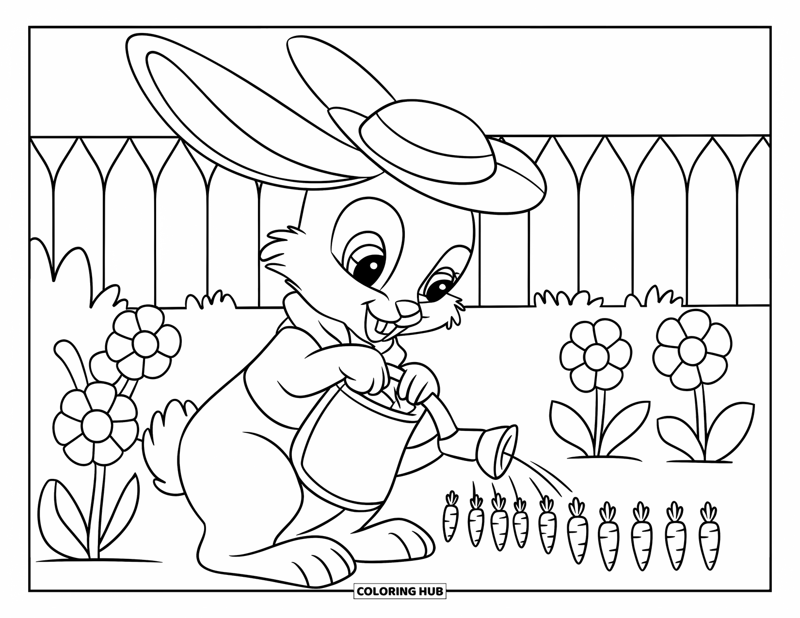 Desenho de coelho para colorir para crianças: Um coelho jardineiro rega pequenas cenouras cercado por flores desabrochando