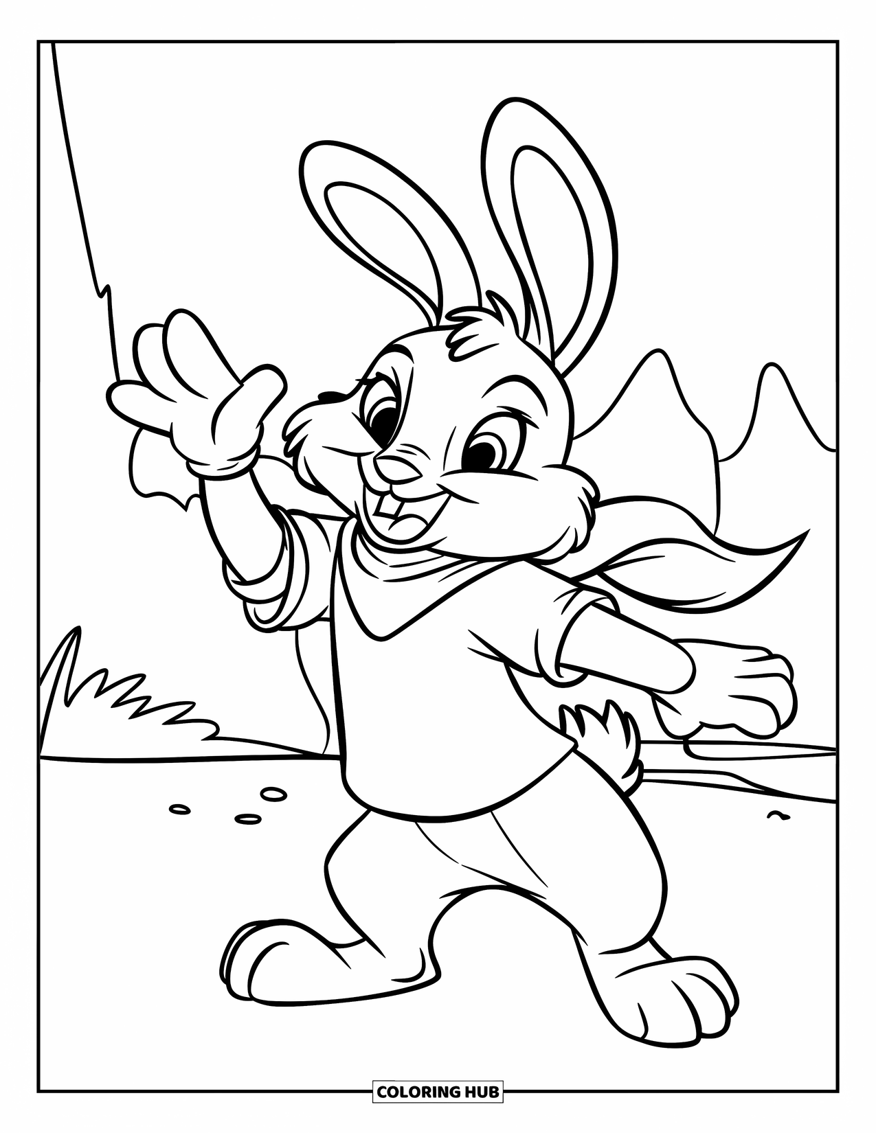 Desenho de coelho para colorir para crianças: Um coelho feliz de cachecol acena alegremente perto de algumas árvores altas