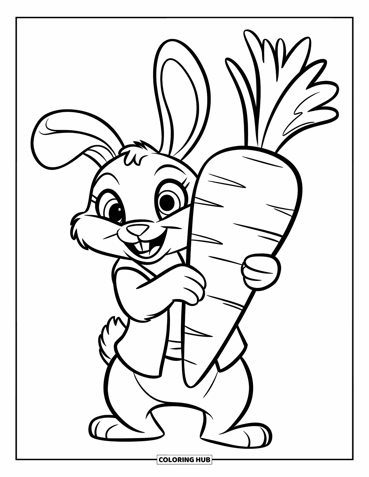 Desenho de coelho para colorir para crianças: Um coelho feliz de colete segura uma cenoura enorme com um sorriso orgulhoso