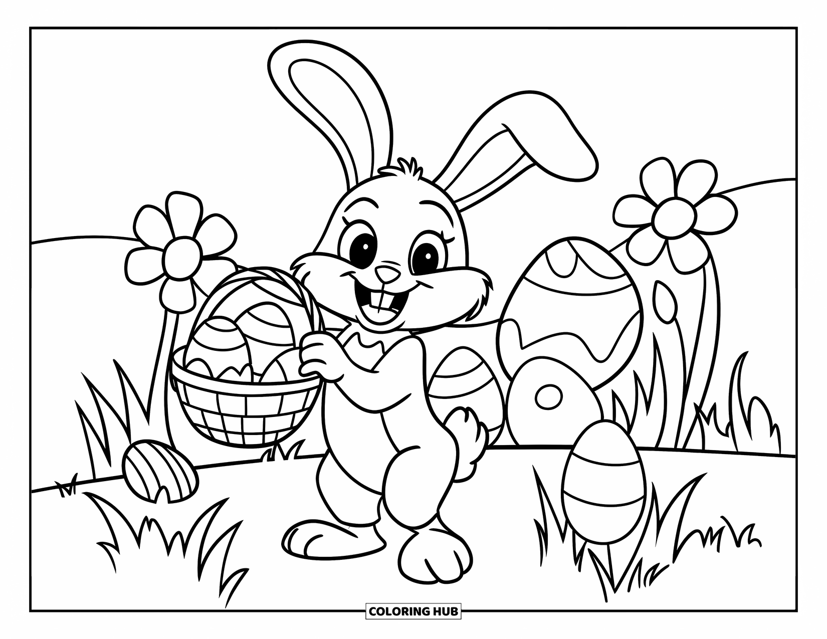 Desenho de coelho para colorir para crianças: Um coelho feliz da Páscoa carrega uma cesta de ovos por um prado cheio de flores