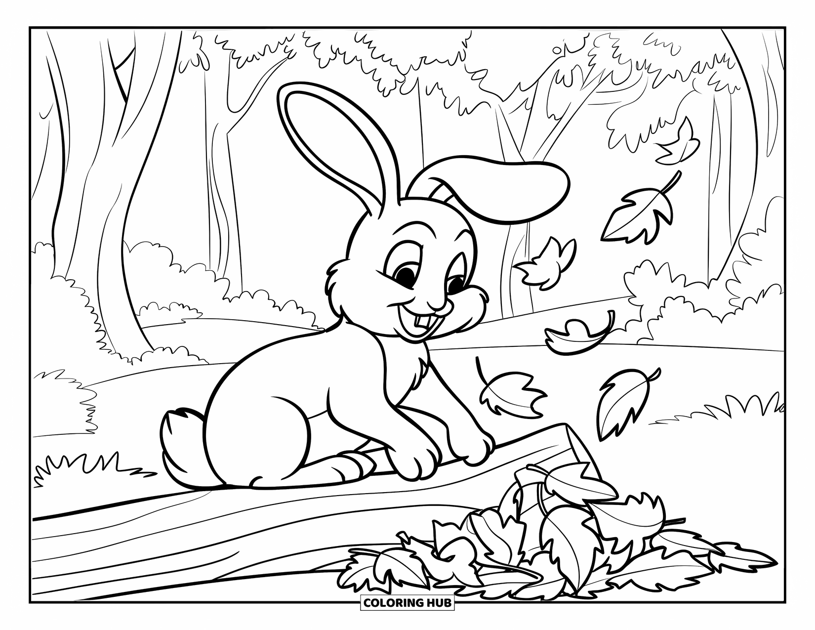 Desenho de coelho para colorir para crianças: Um coelho feliz brinca em um tronco cercado por folhas de outono rodopiantes
